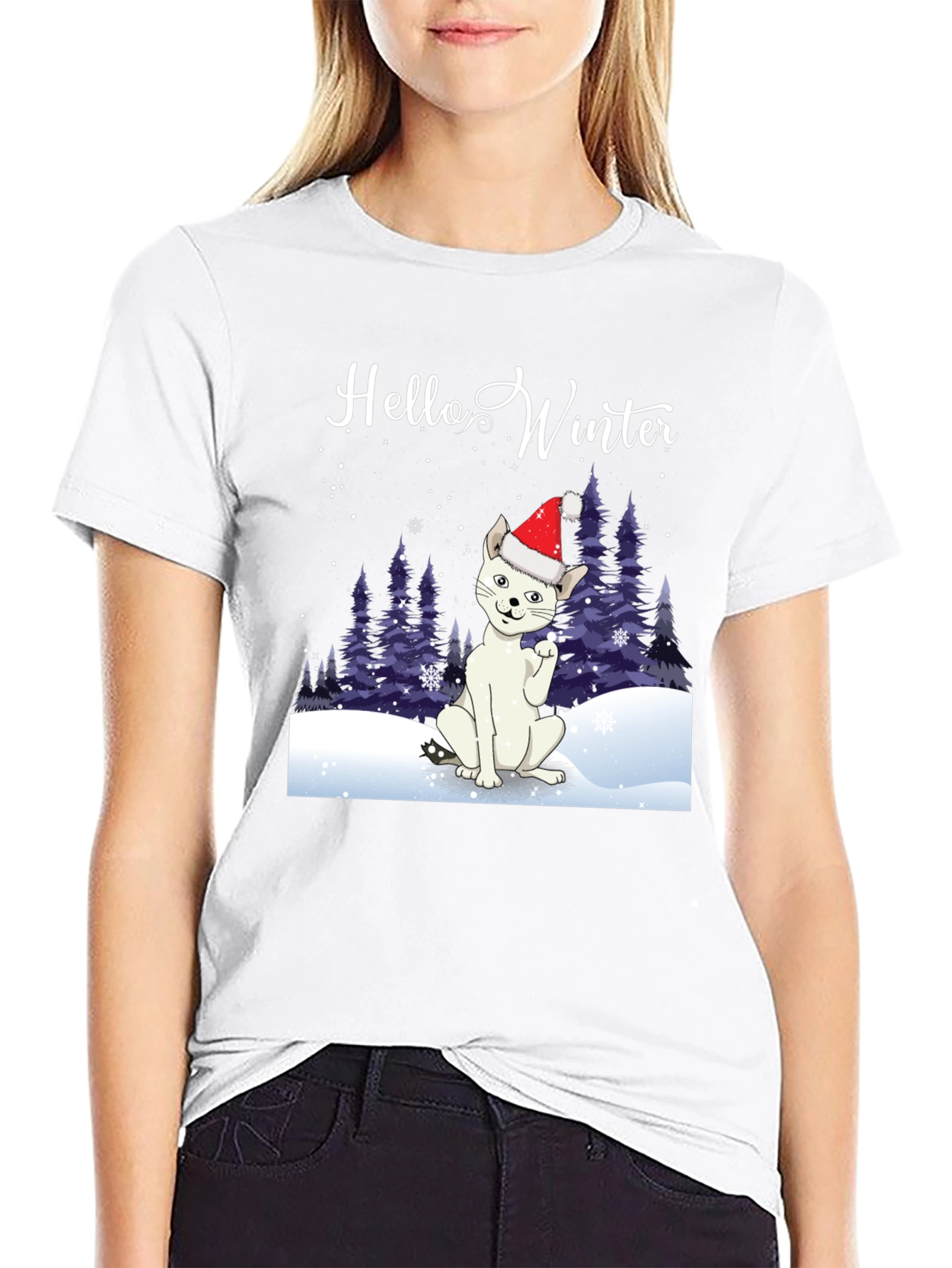 Hello Winter Cat T-Shirt - Holiday Cheer