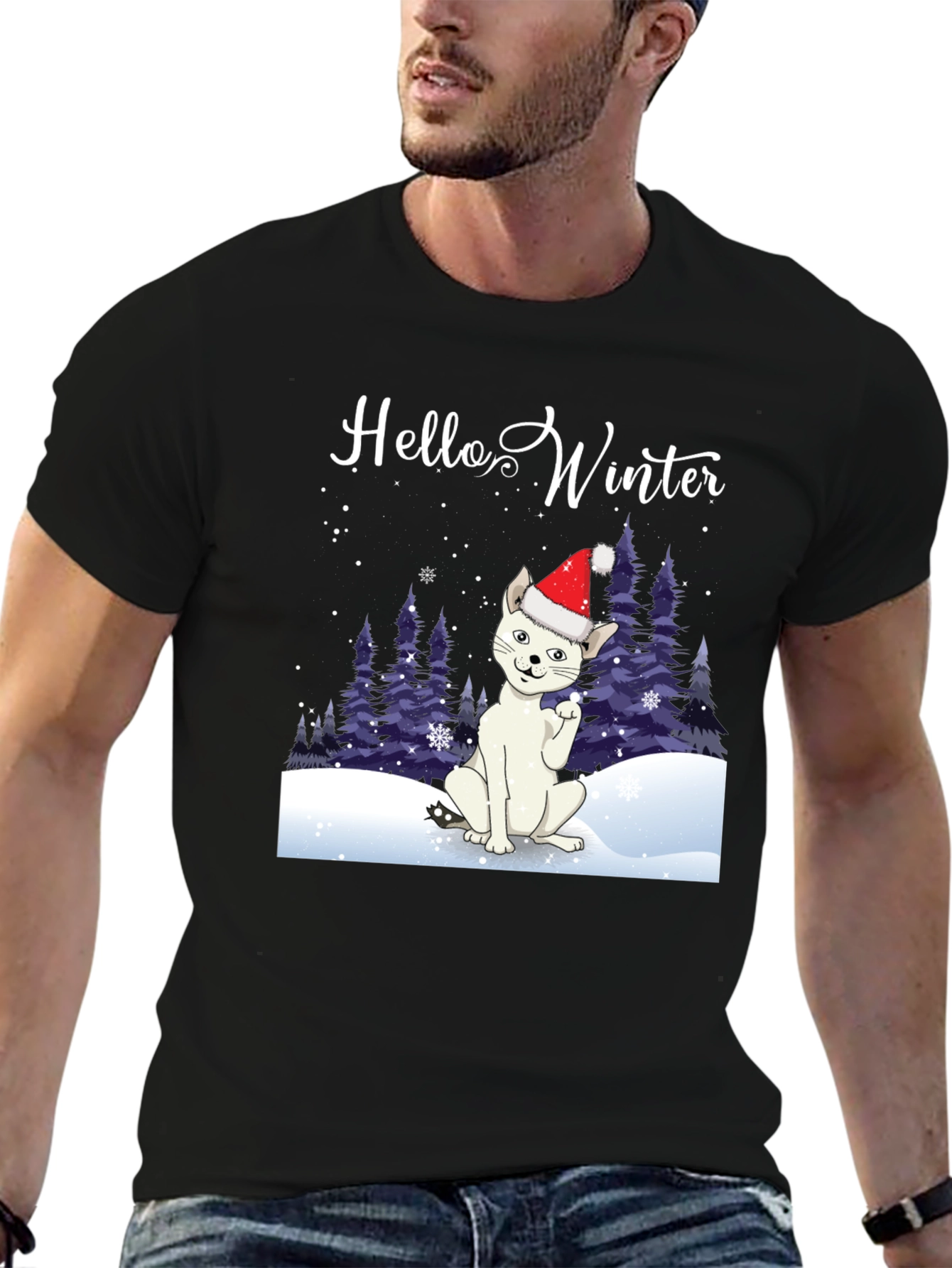Hello Winter Cat T-Shirt - Holiday Cheer