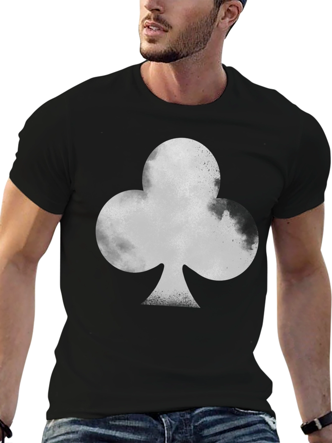 Black T-Shirt with Gray Club Card Suit Graphic