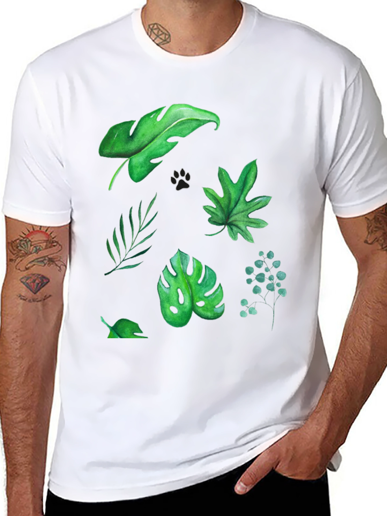 Leaf Print Tee - Black Cotton T-Shirt