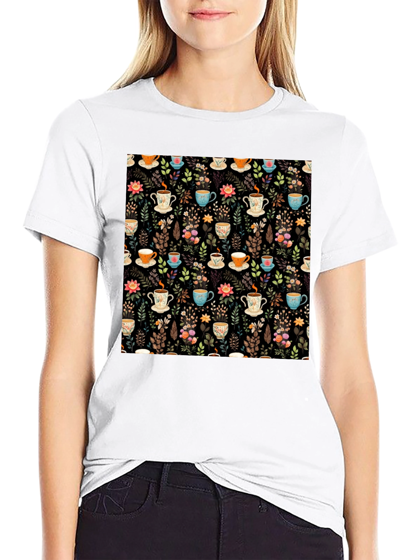 Floral Tea Cup Pattern T-Shirt