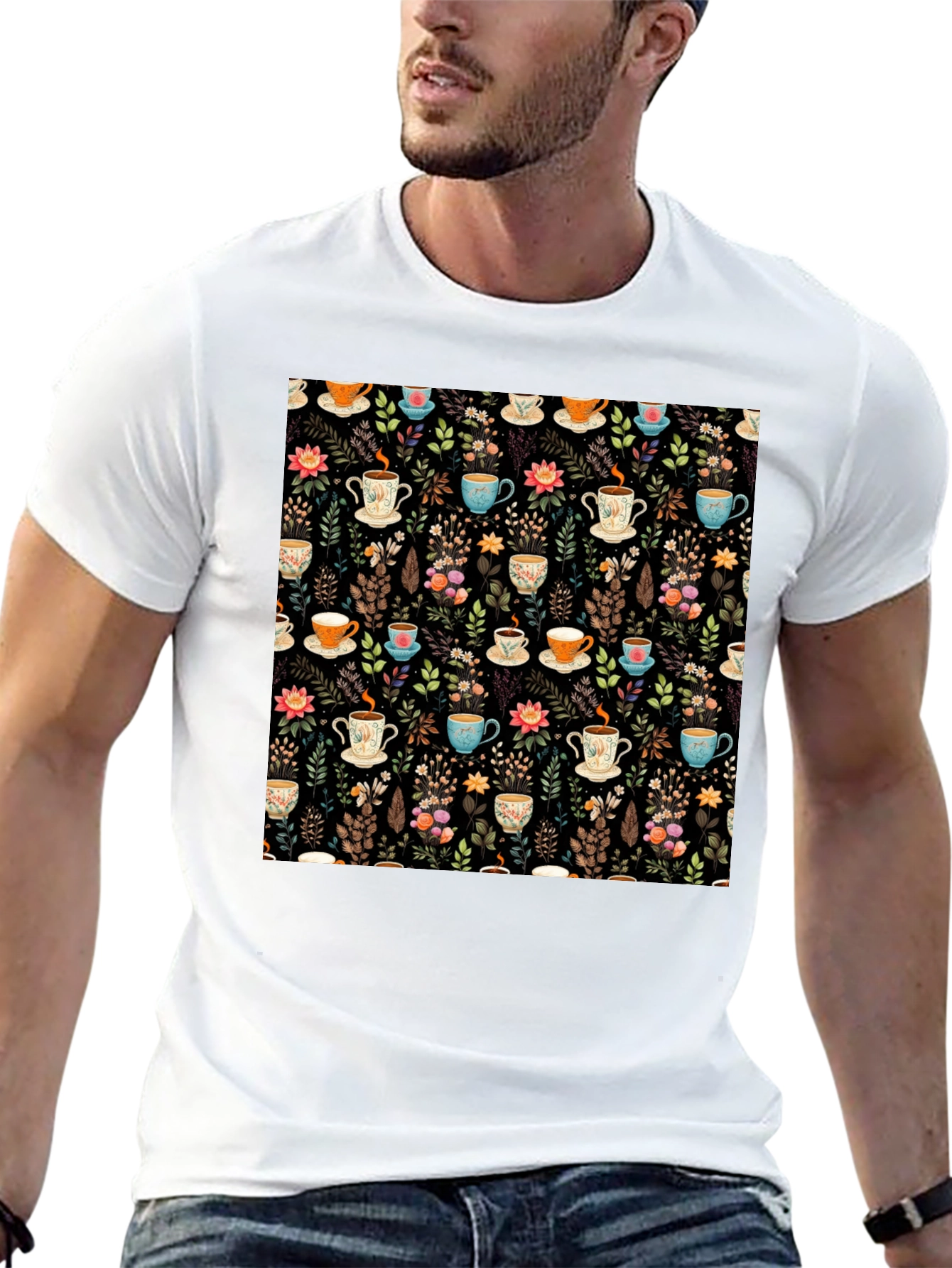 Floral Tea Cup Pattern T-Shirt