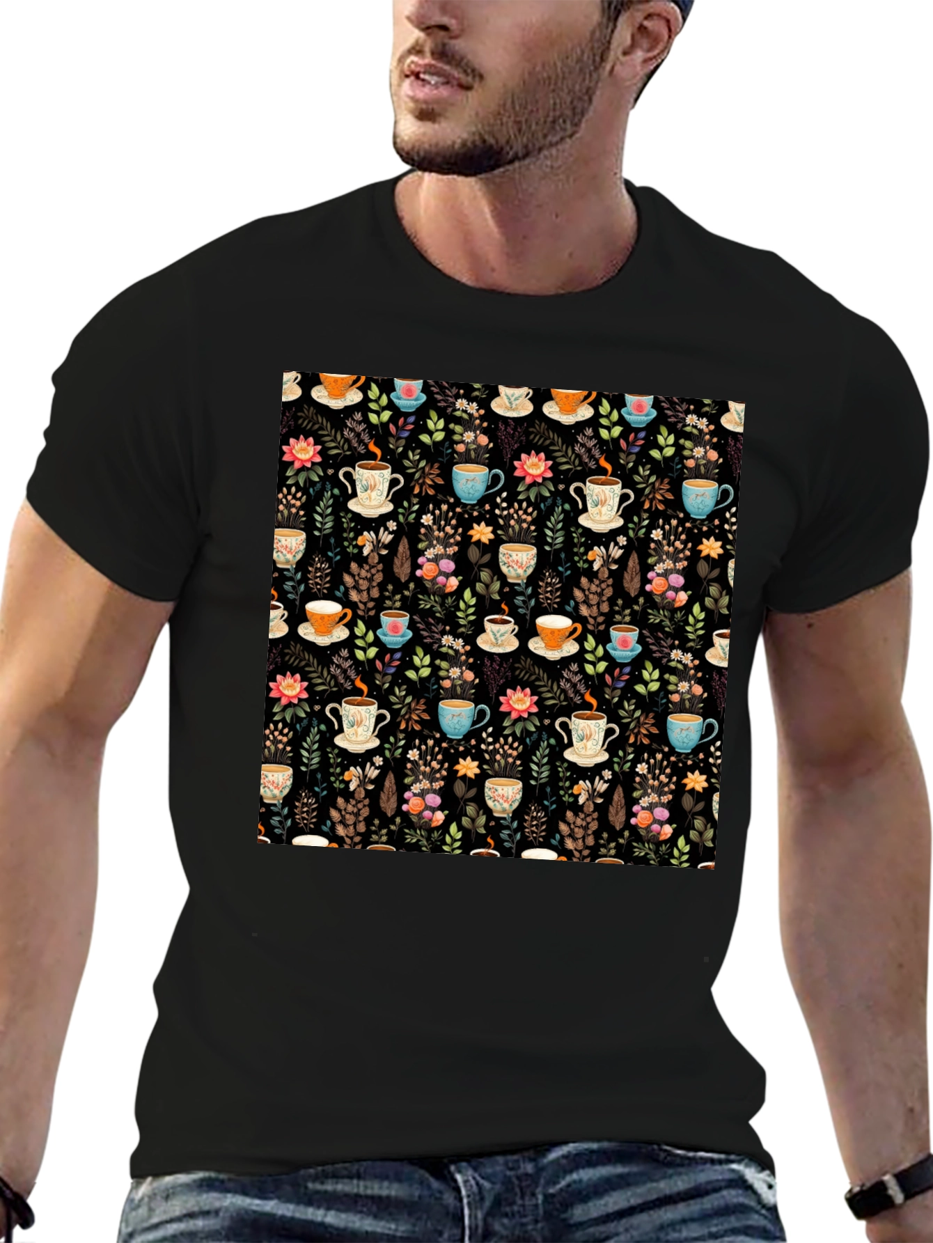 Floral Tea Cup Pattern T-Shirt