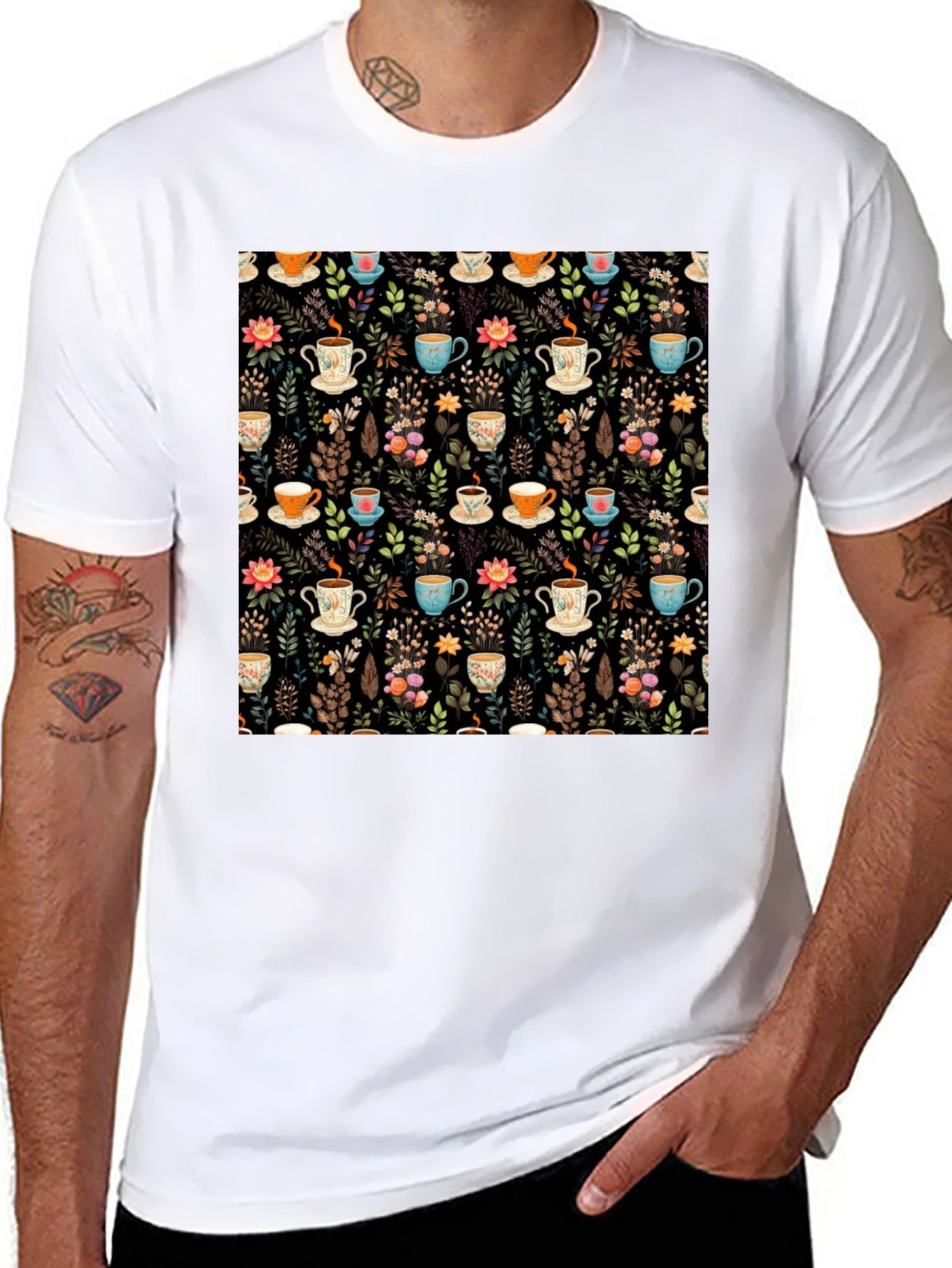 Floral Tea Cup Pattern T-Shirt