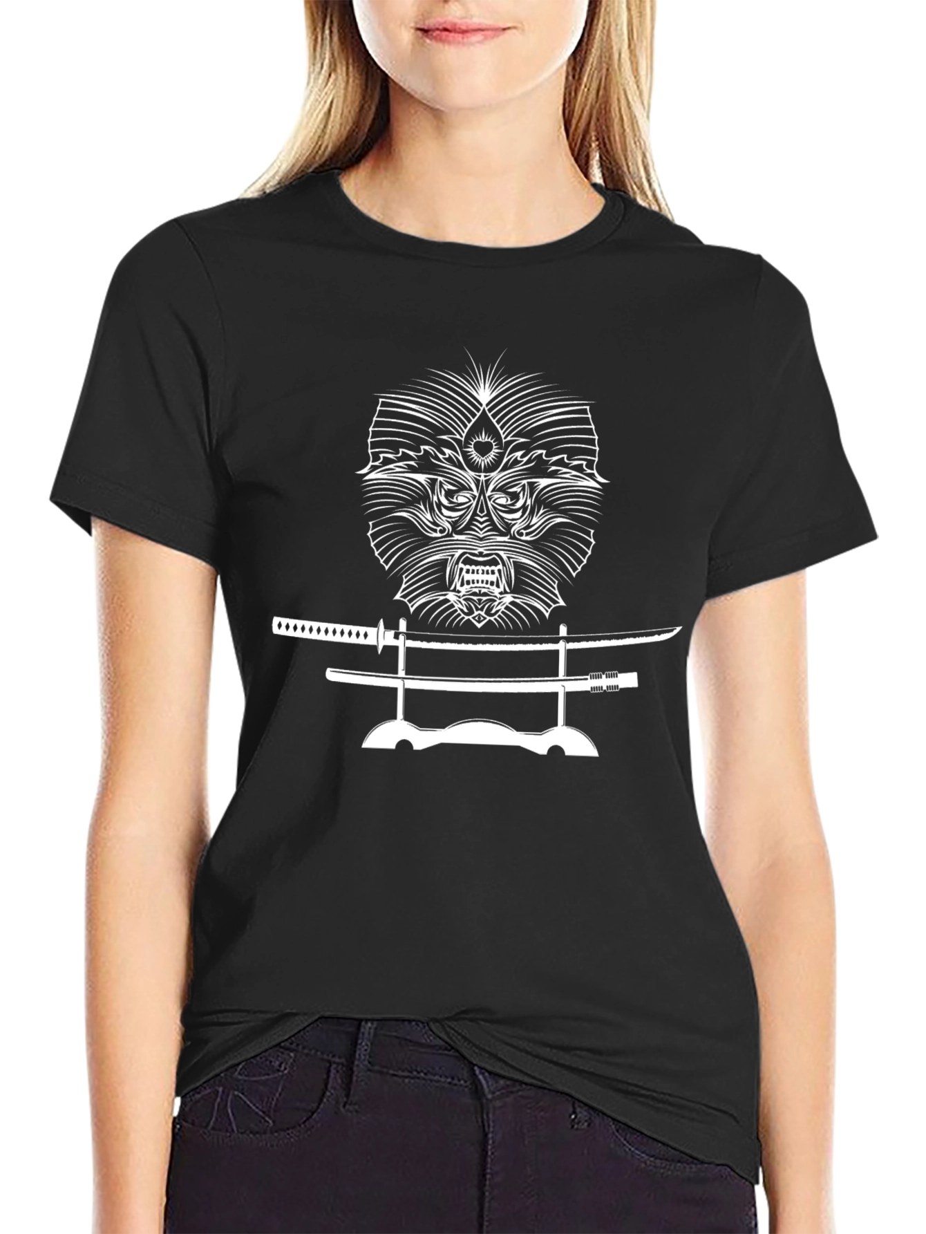 Samurai Mask and Katana Black T-Shirt