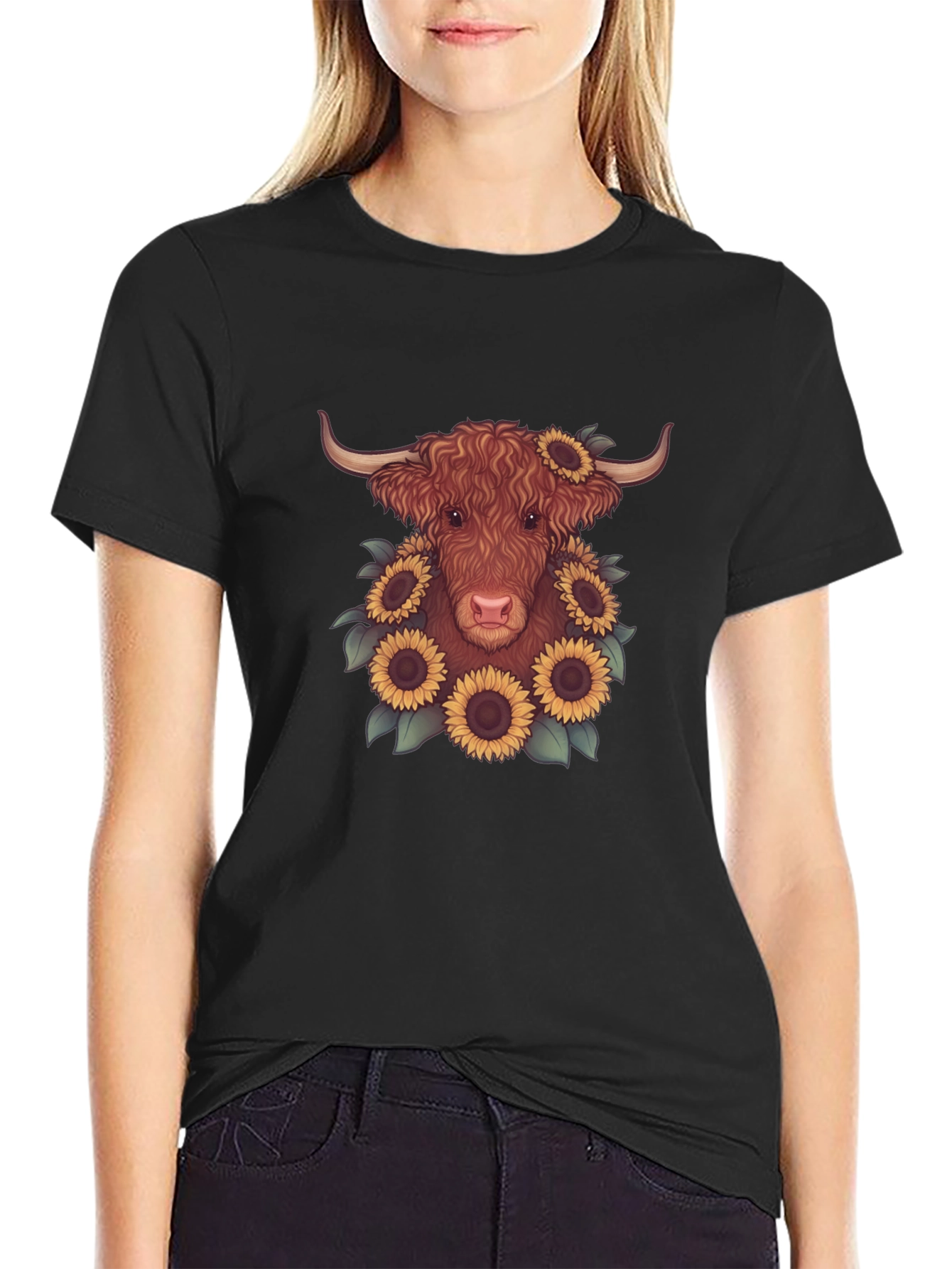 Highland Cow Sunflower Graphic Tee - Black