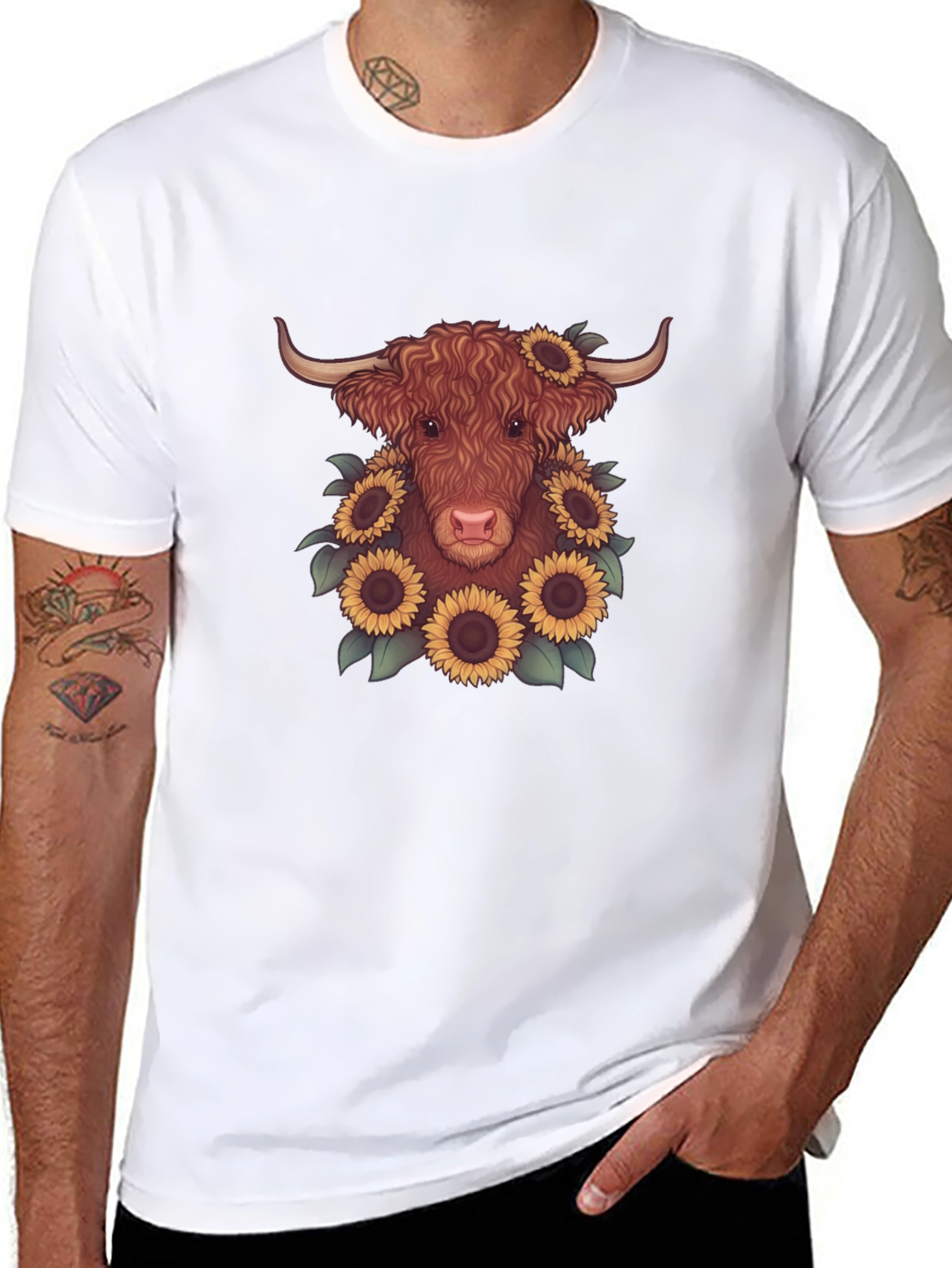 Highland Cow Sunflower Graphic Tee - Black