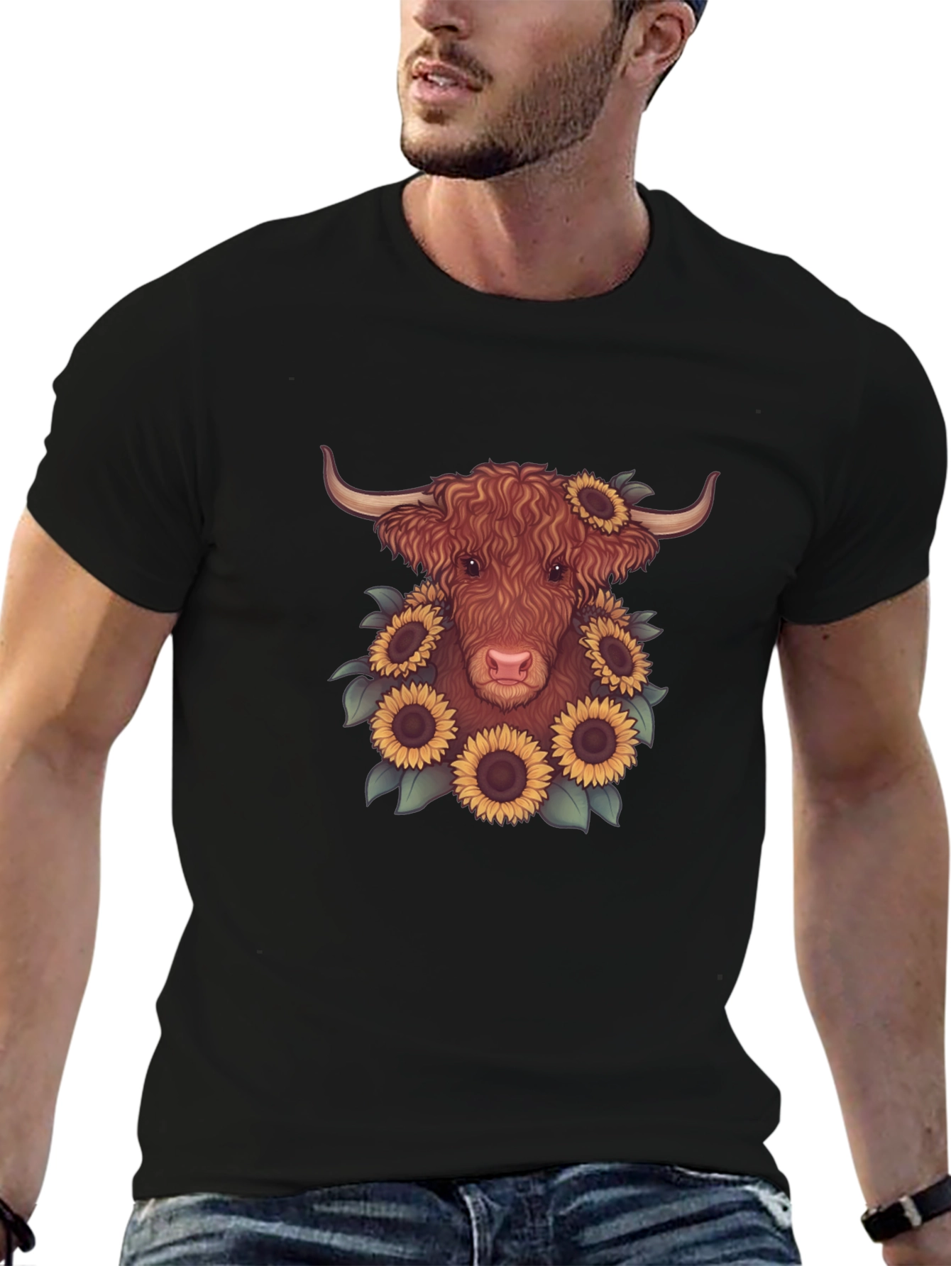 Highland Cow Sunflower Graphic Tee - Black