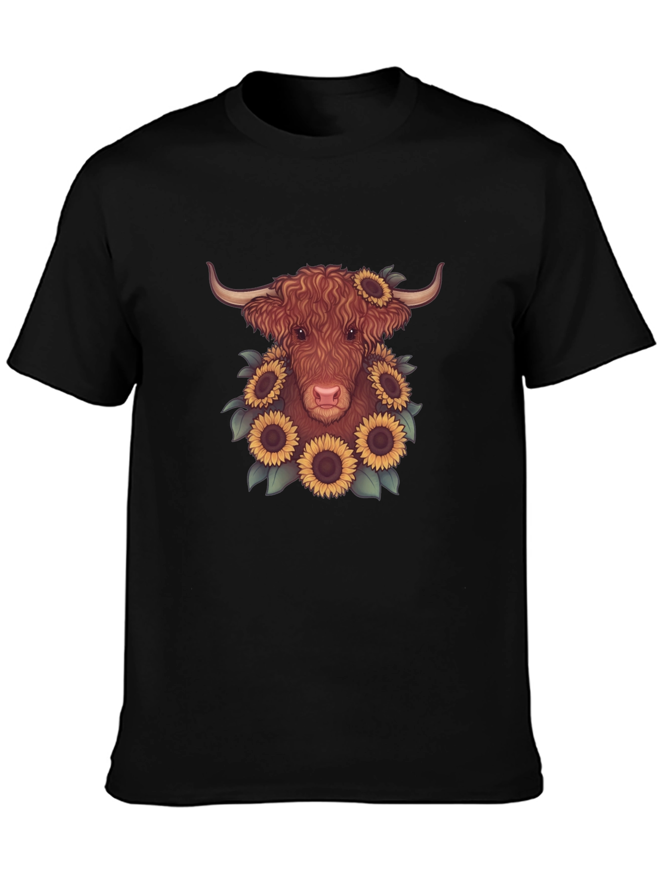 Highland Cow Sunflower Graphic Tee - Black