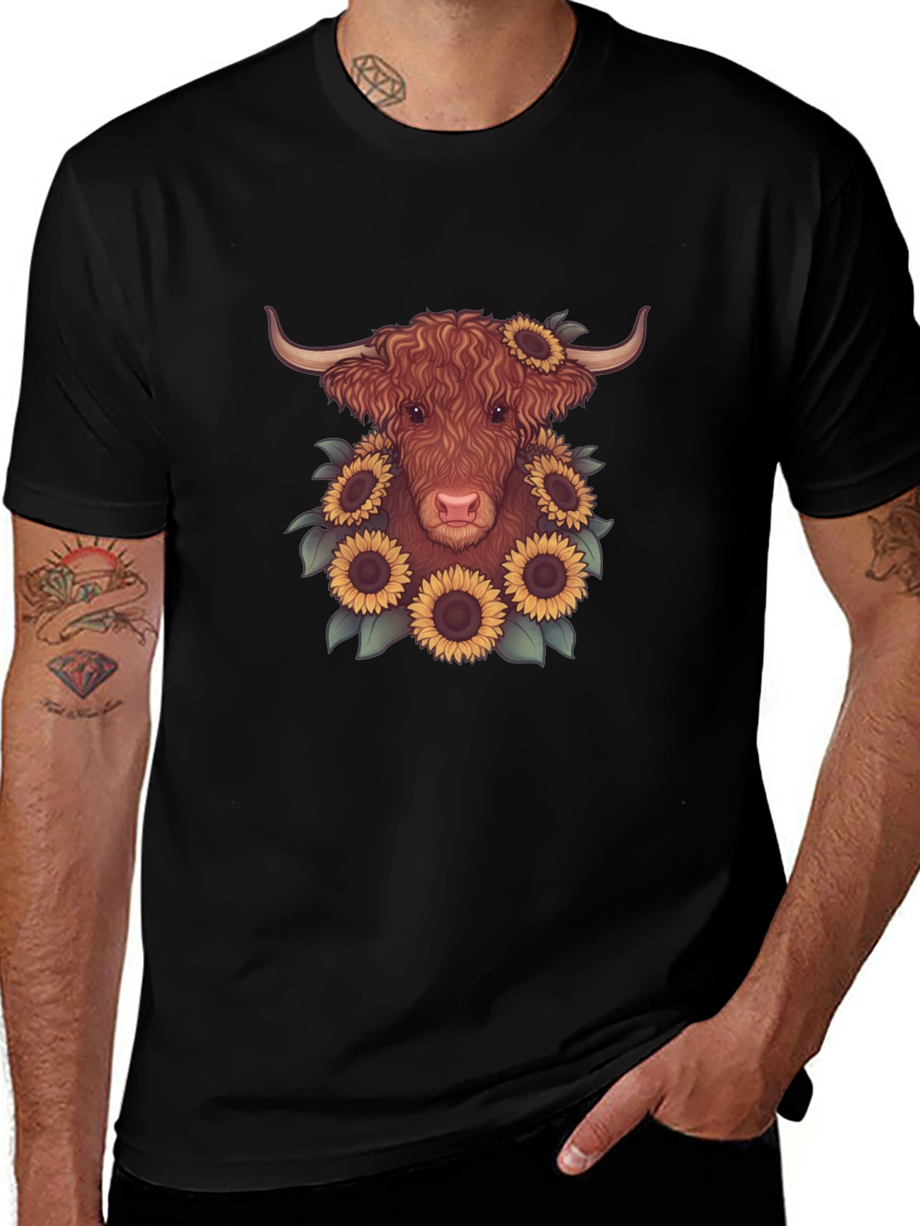 Highland Cow Sunflower Graphic Tee - Black