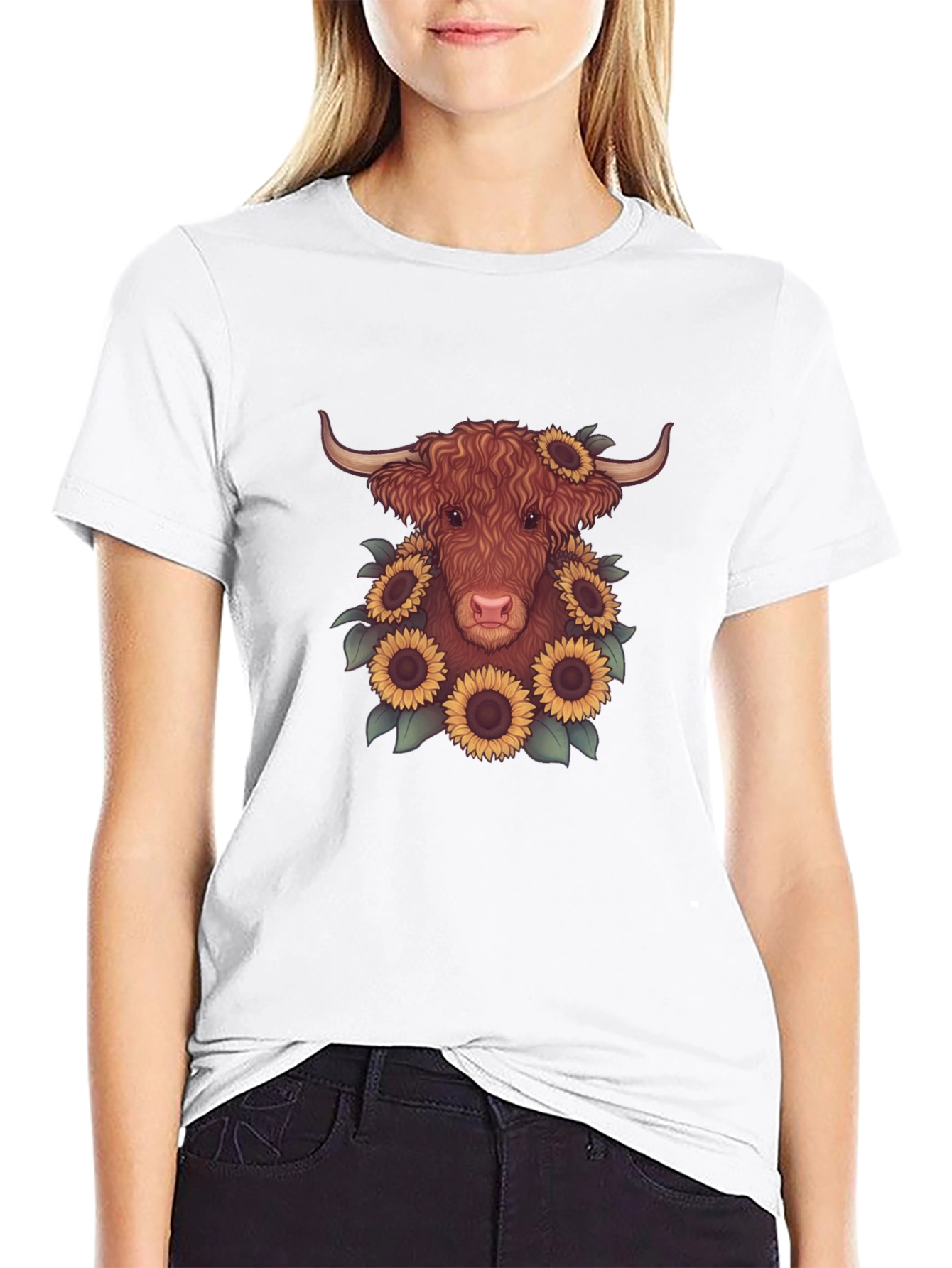 Highland Cow Sunflower Graphic Tee - Black