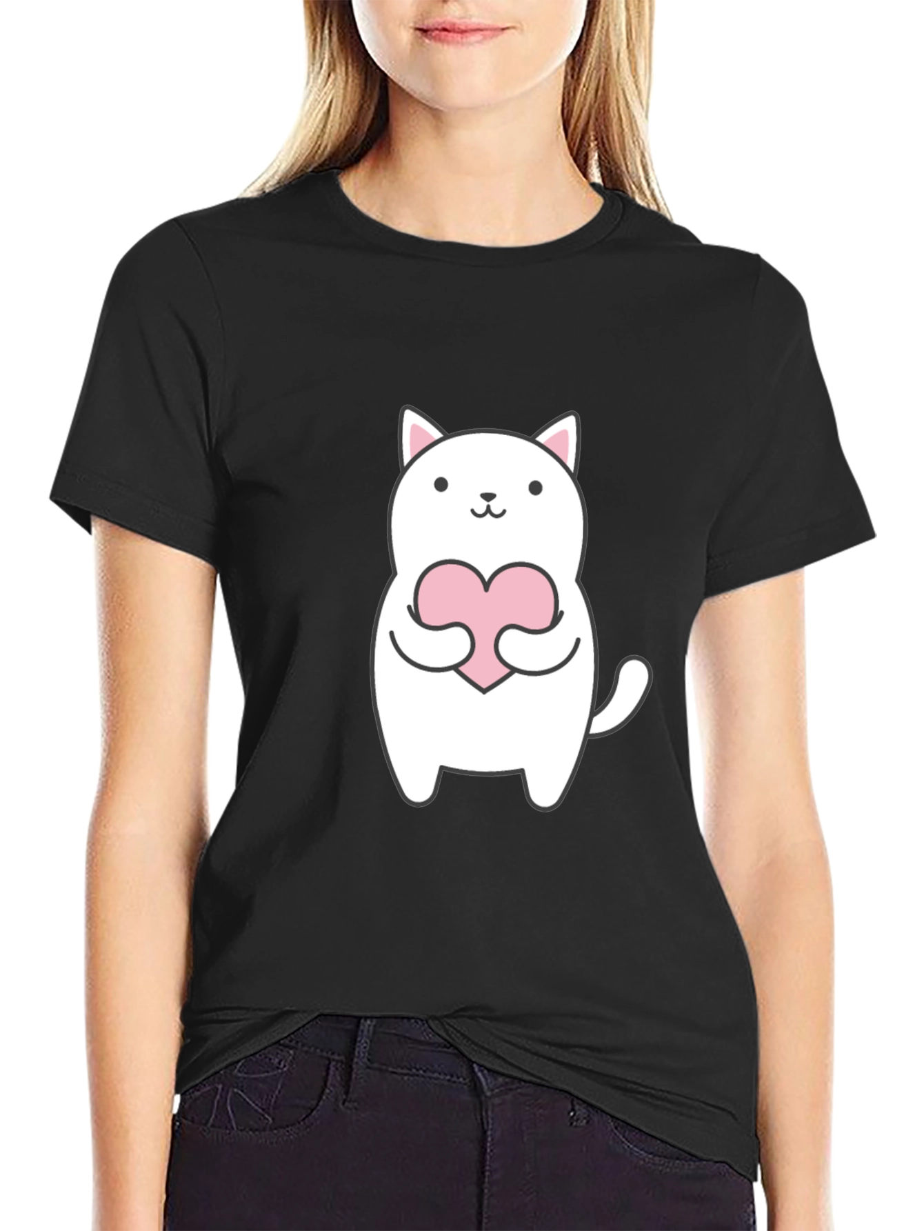 Cute Cat Holding Heart Graphic Tee - Black T-Shirt