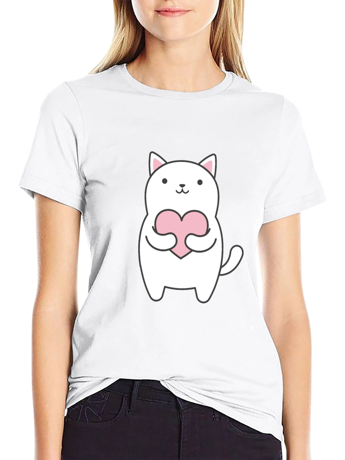 Cute Cat Holding Heart Graphic Tee - Black T-Shirt