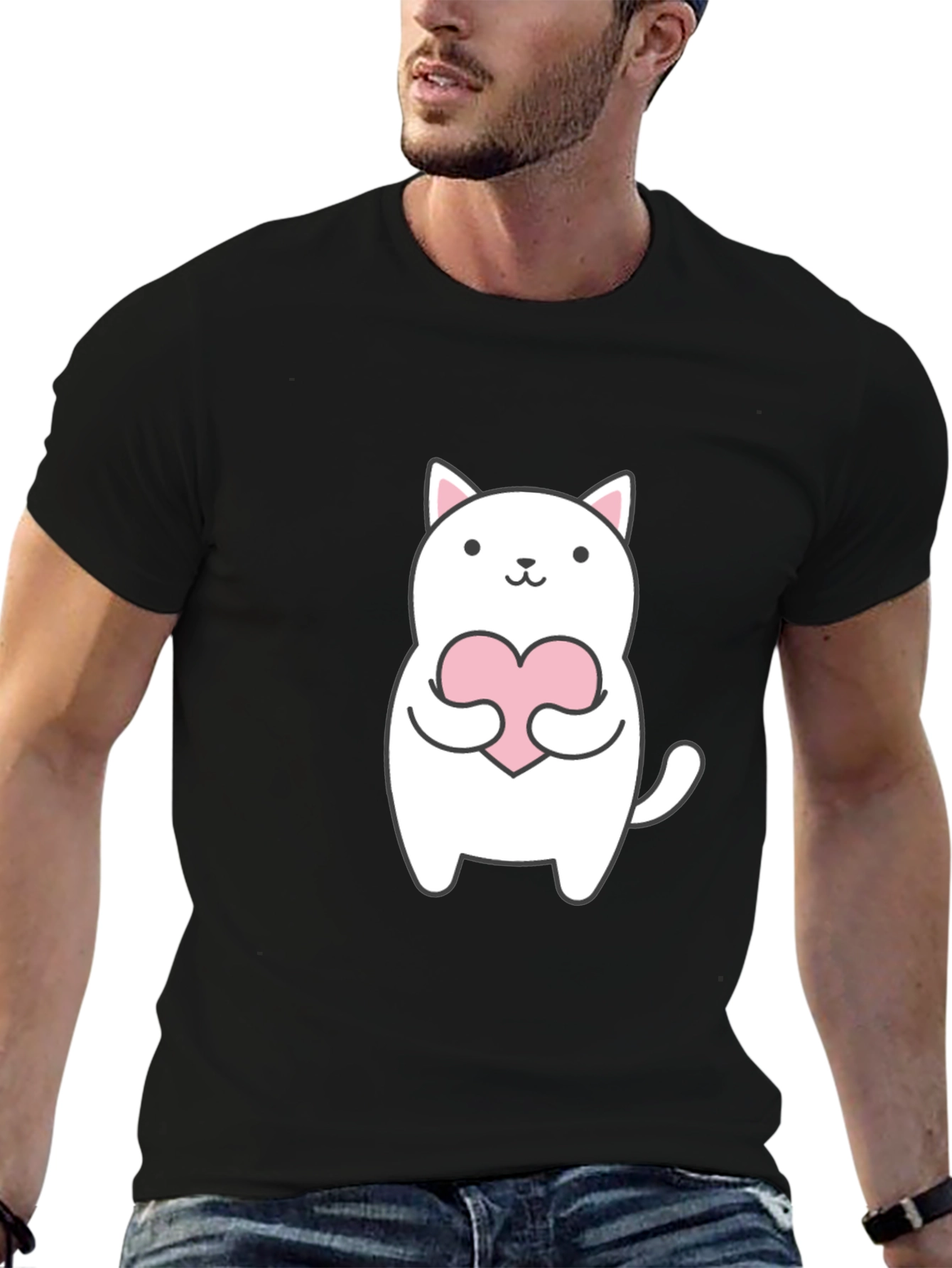 Cute Cat Holding Heart Graphic Tee - Black T-Shirt