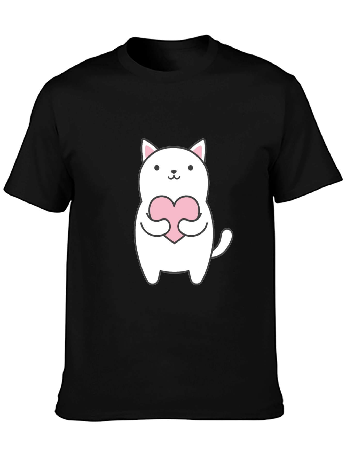 Cute Cat Holding Heart Graphic Tee - Black T-Shirt