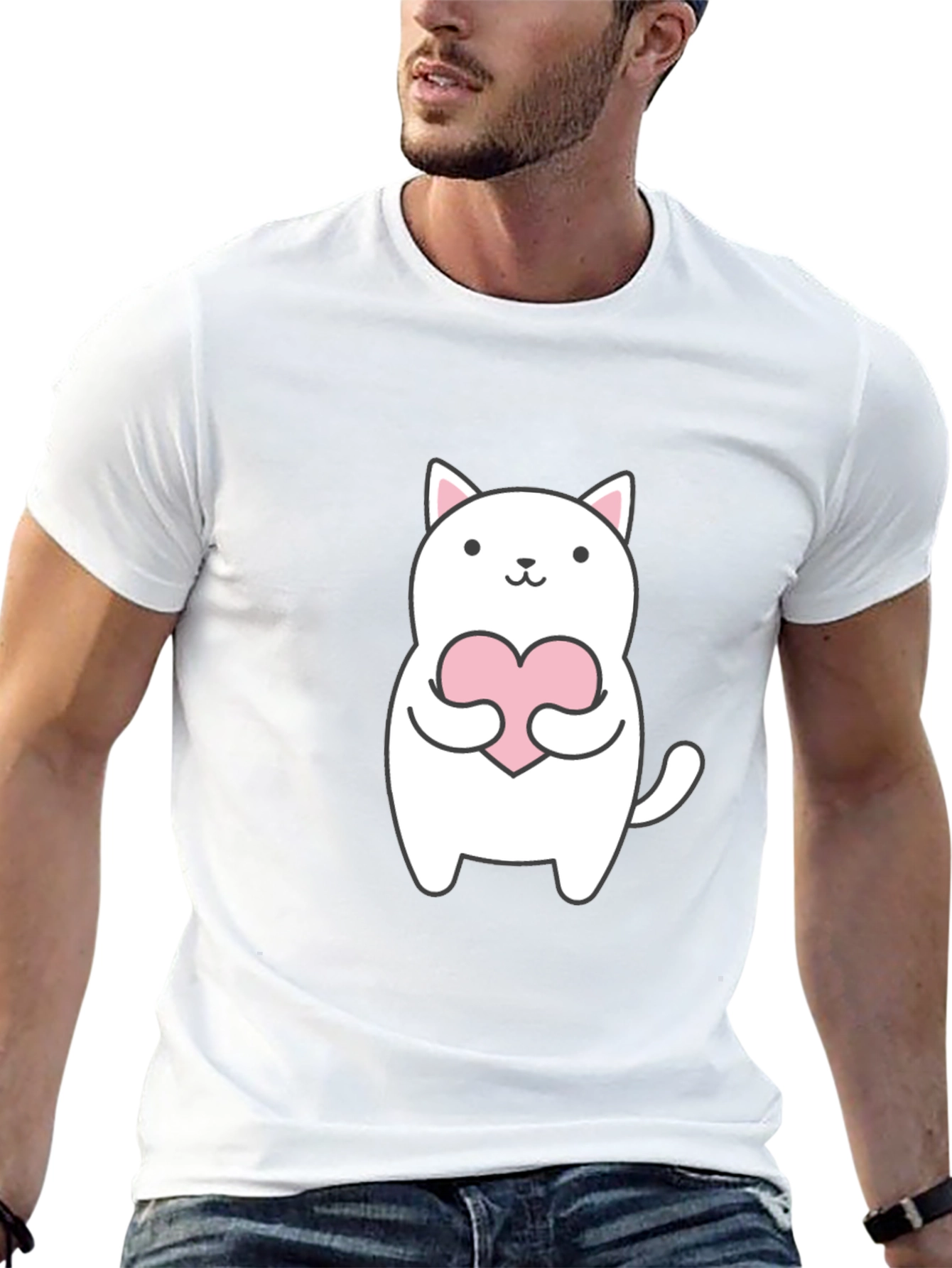 Cute Cat Holding Heart Graphic Tee - Black T-Shirt