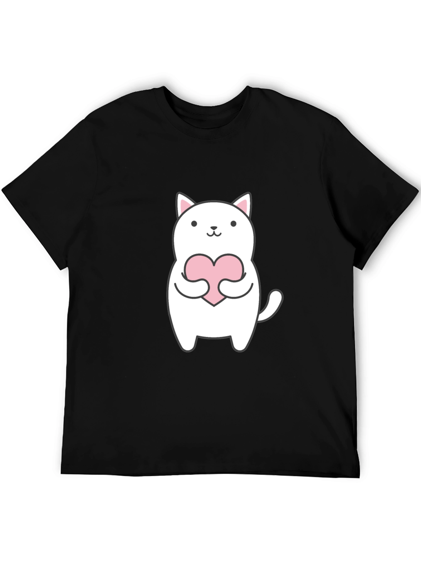 Cute Cat Holding Heart Graphic Tee - Black T-Shirt