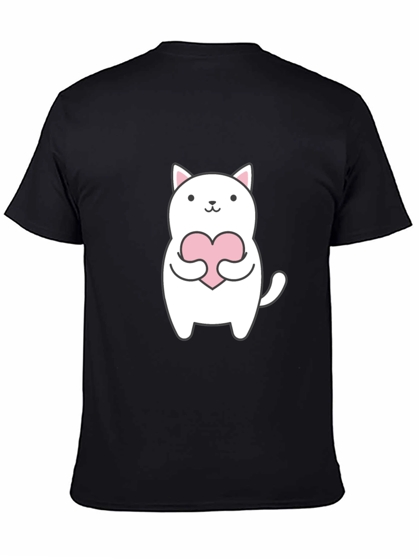 Cute Cat Holding Heart Graphic Tee - Black T-Shirt