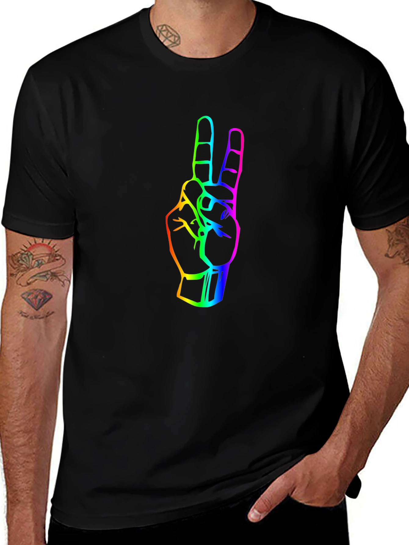 Rainbow Peace Sign Graphic Tee - Black Cotton T-Shirt