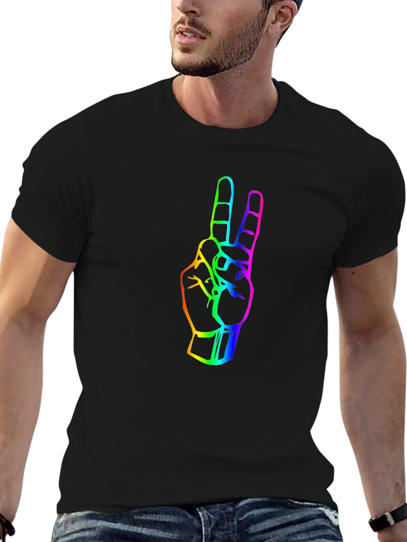 Rainbow Peace Sign Graphic Tee - Black Cotton T-Shirt
