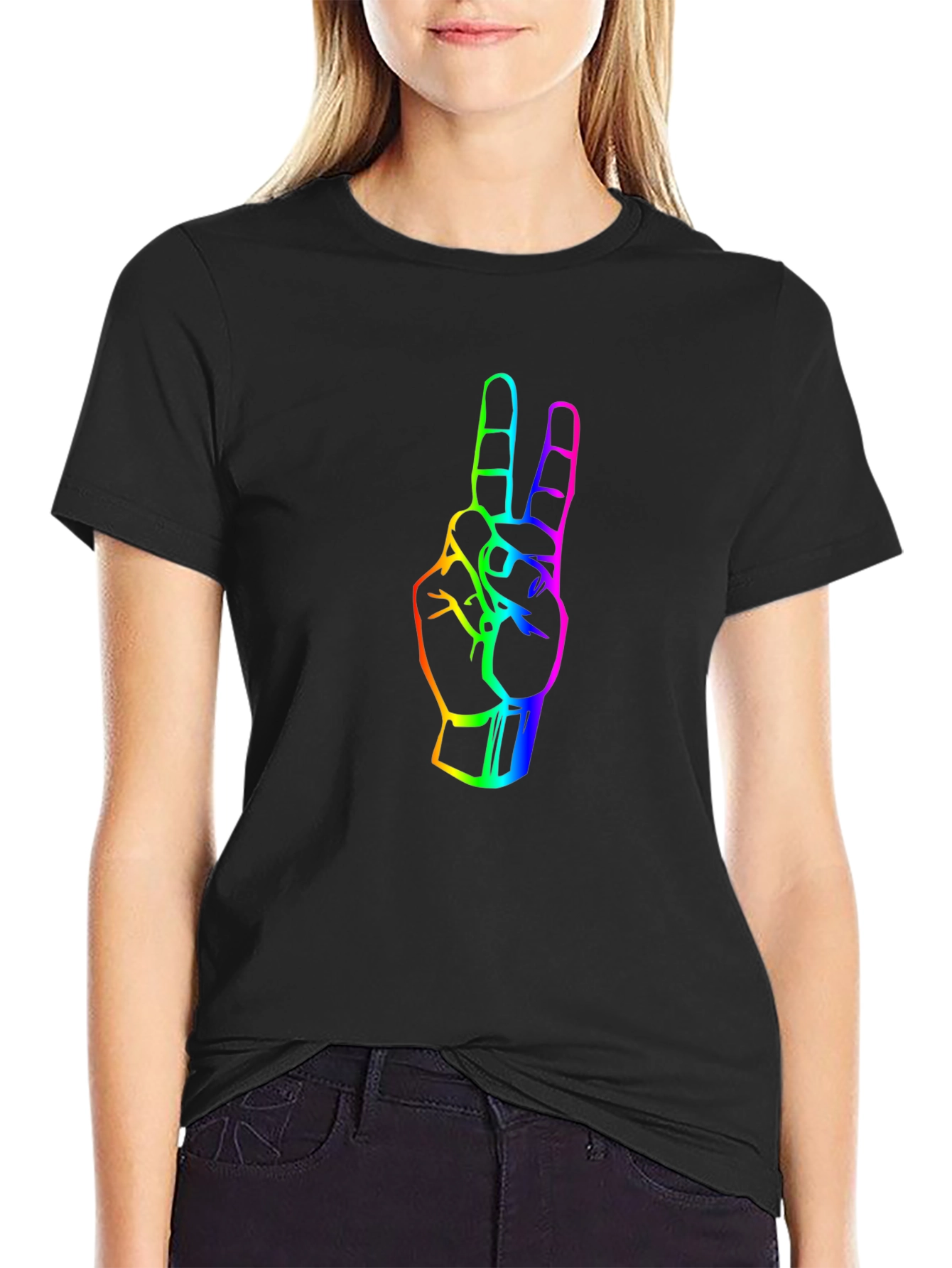 Rainbow Peace Sign Graphic Tee - Black Cotton T-Shirt