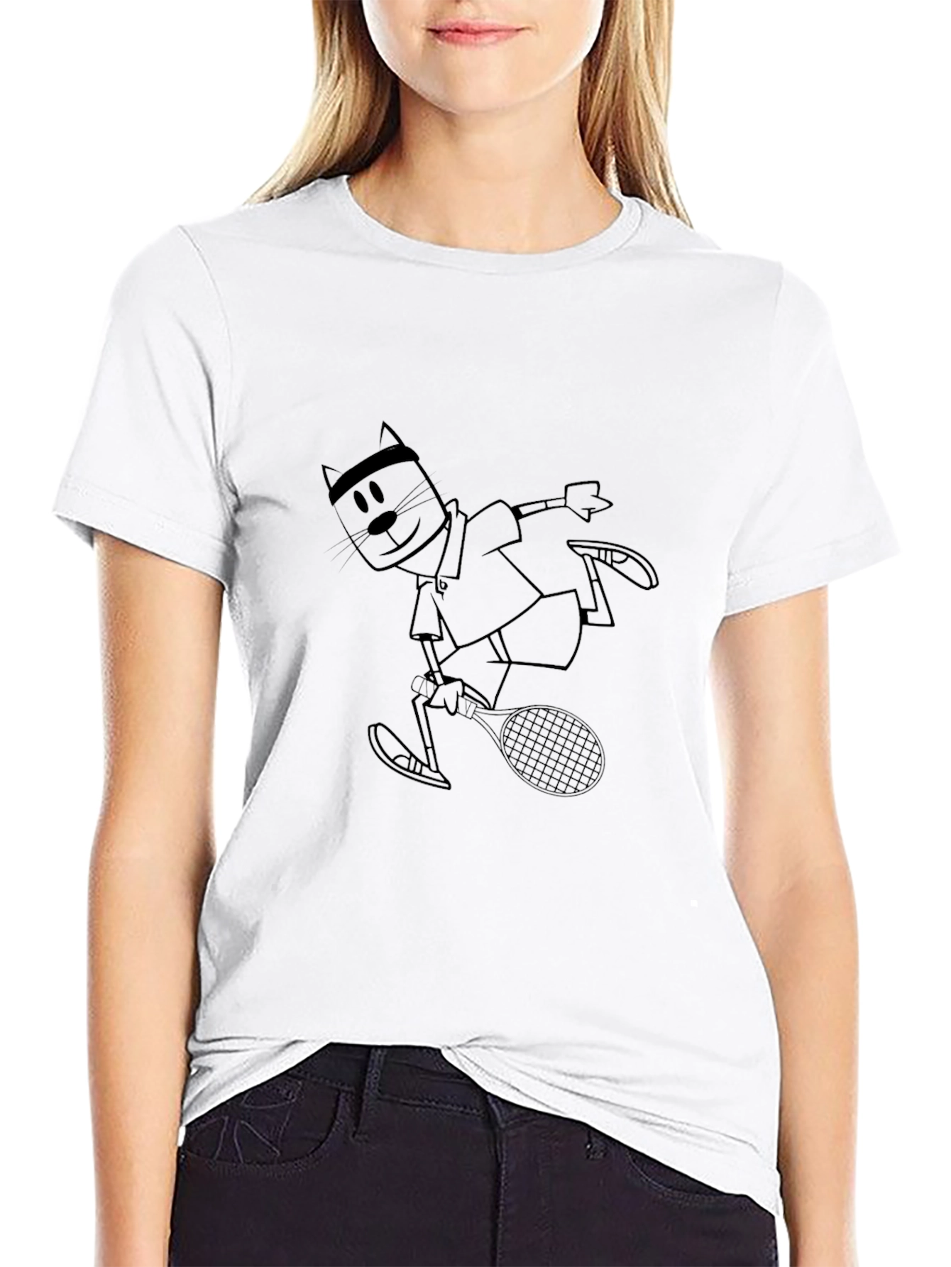 Cartoon Tennis Cat T-Shirt - Black
