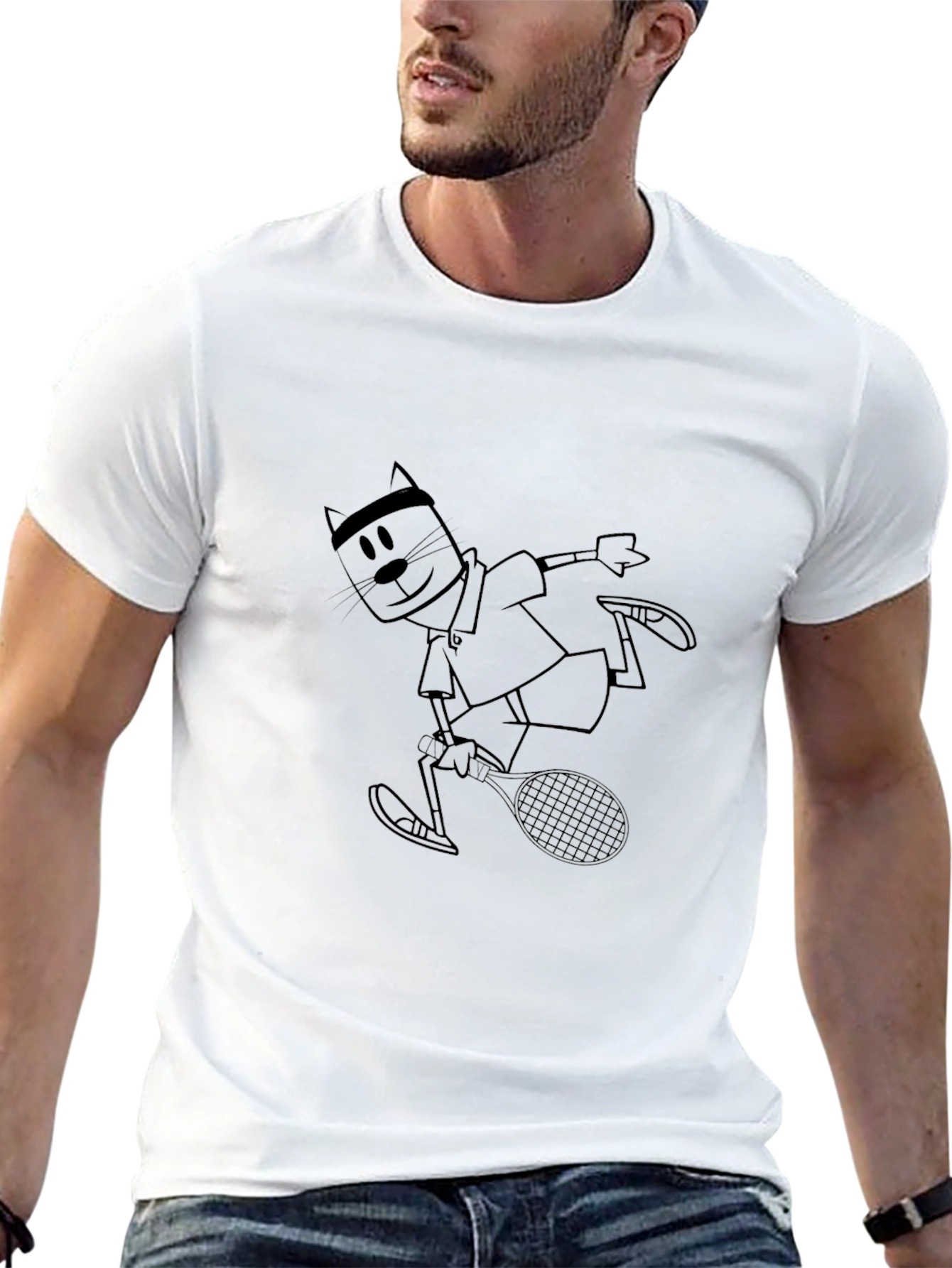 Cartoon Tennis Cat T-Shirt - Black