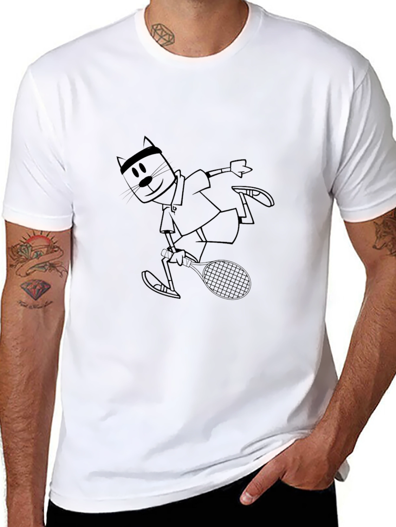 Cartoon Tennis Cat T-Shirt - Black