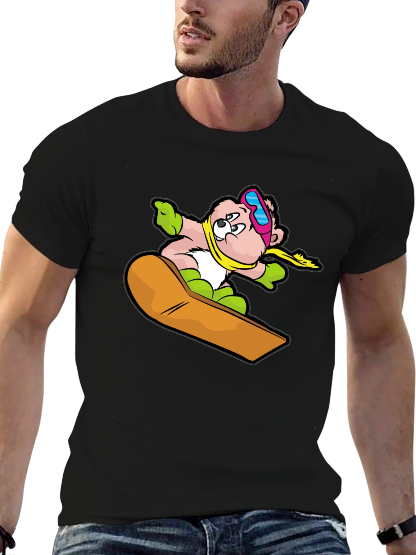 Snowboard Bear Graphic Tee - Black Cotton T-Shirt
