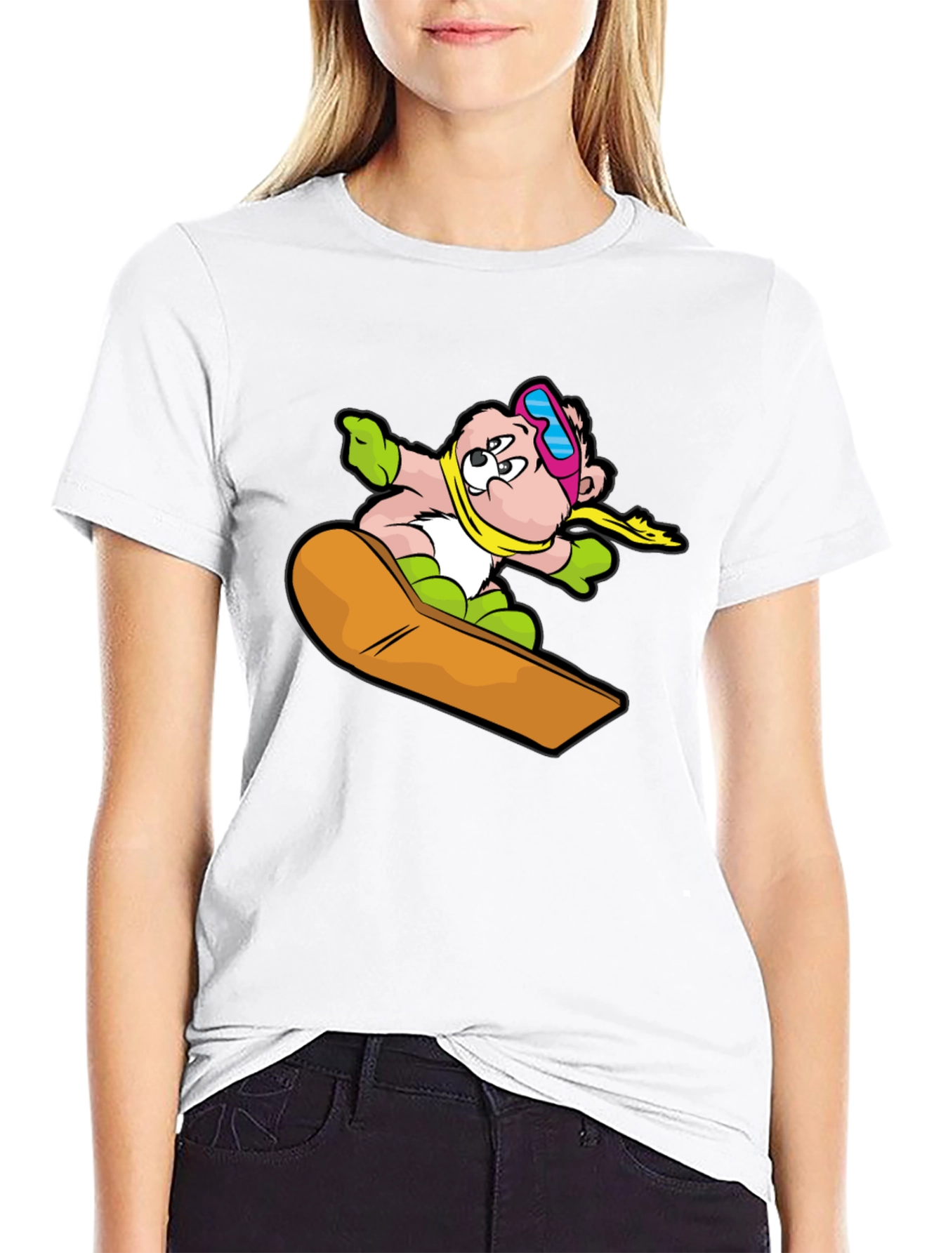 Snowboard Bear Graphic Tee - Black Cotton T-Shirt