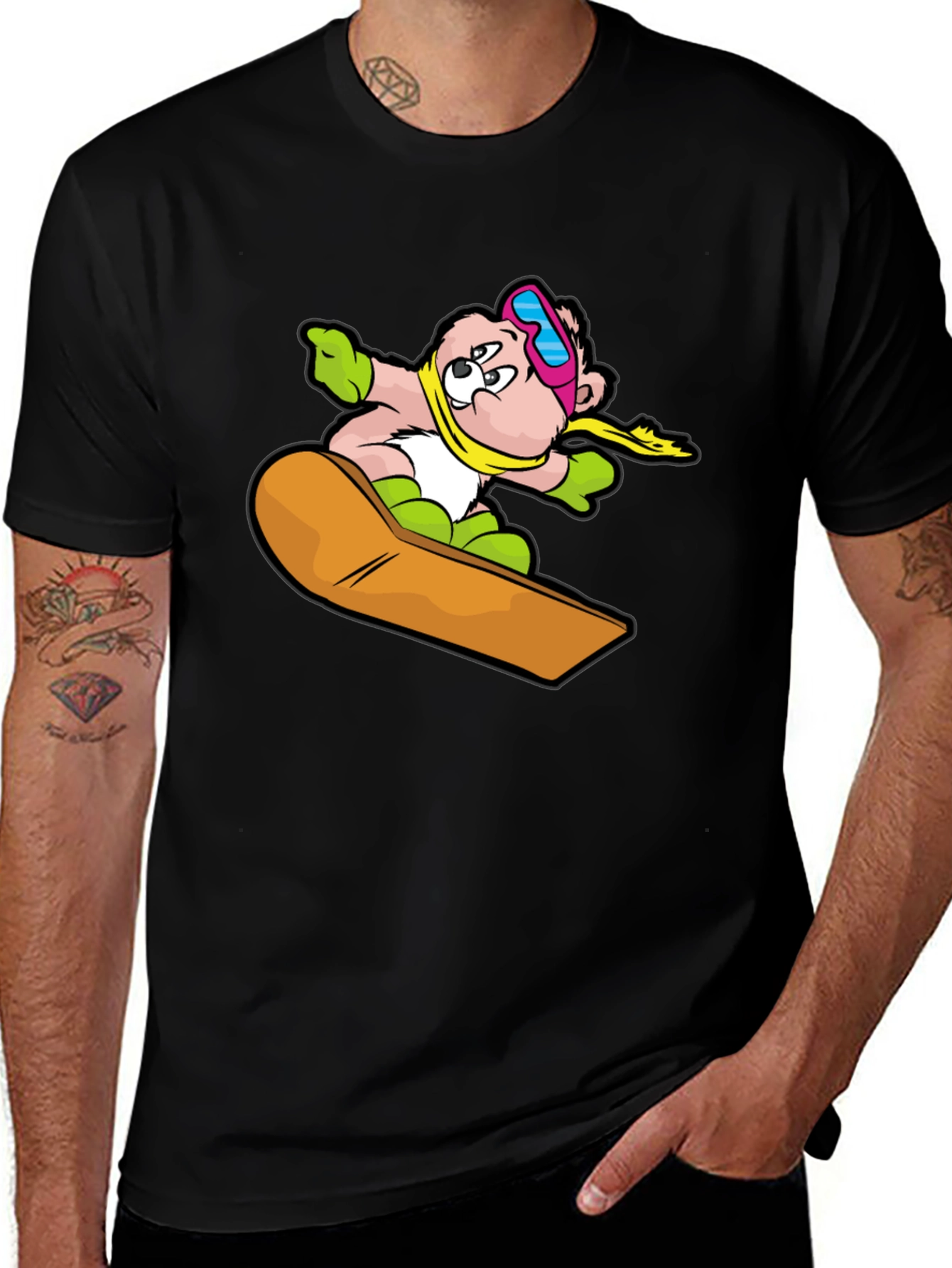 Snowboard Bear Graphic Tee - Black Cotton T-Shirt