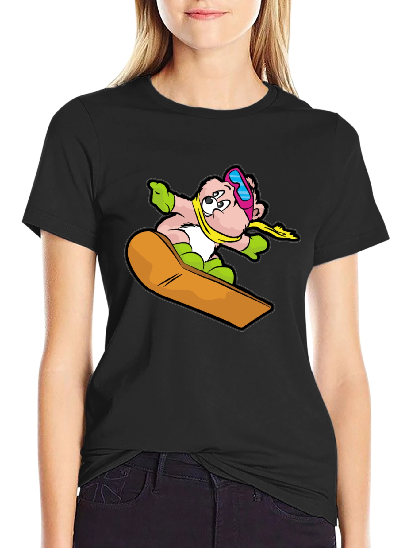 Snowboard Bear Graphic Tee - Black Cotton T-Shirt