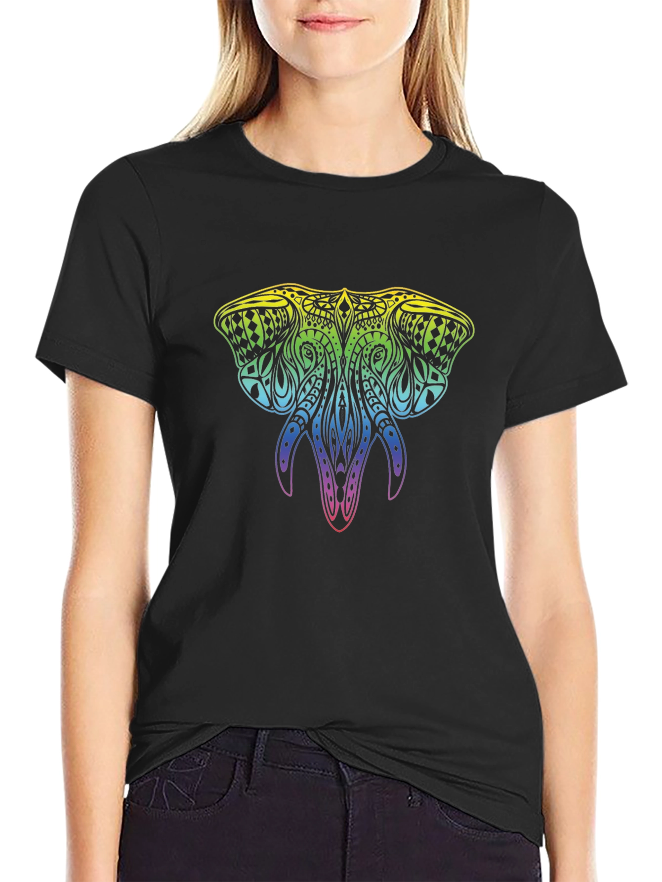 Rainbow Elephant Graphic Black T-Shirt