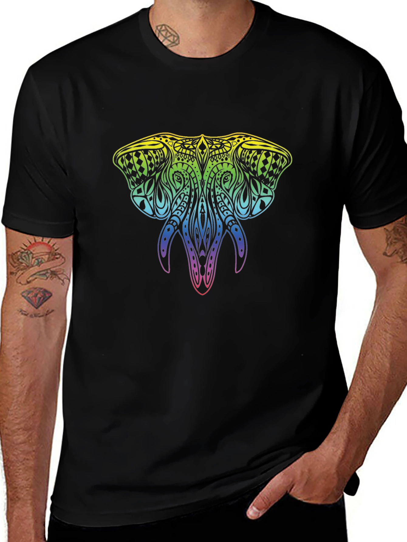 Rainbow Elephant Graphic Black T-Shirt
