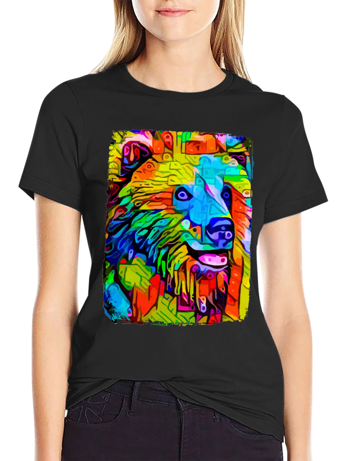 Abstract Dog Graphic Tee - Mens Casual Black T-Shirt