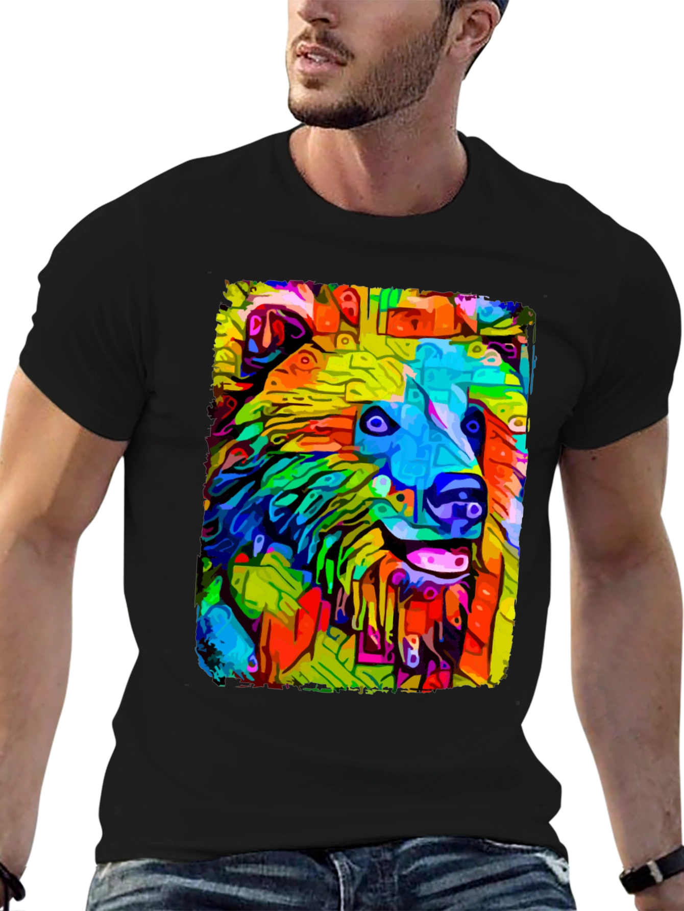 Abstract Dog Graphic Tee - Mens Casual Black T-Shirt