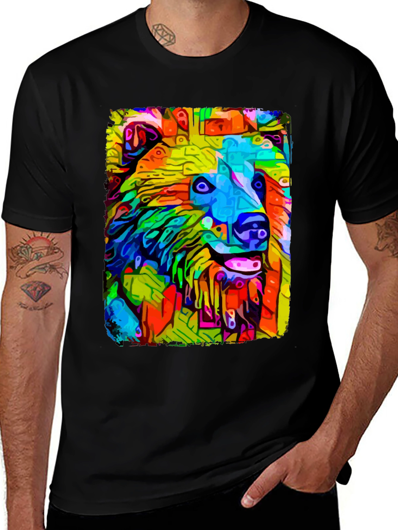 Abstract Dog Graphic Tee - Mens Casual Black T-Shirt