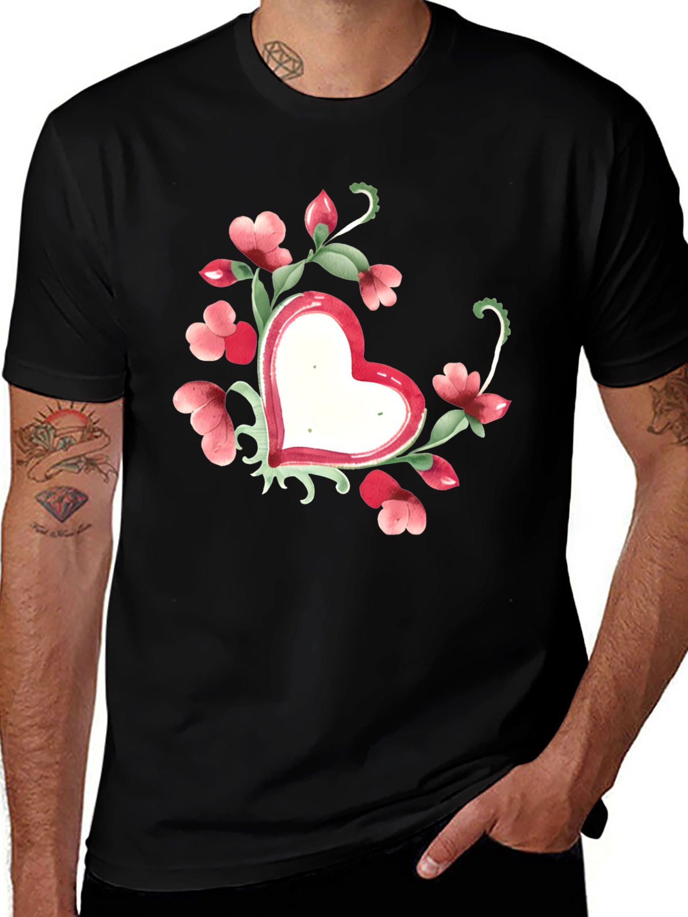 Floral Heart Graphic Tee - Black Unisex T-Shirt