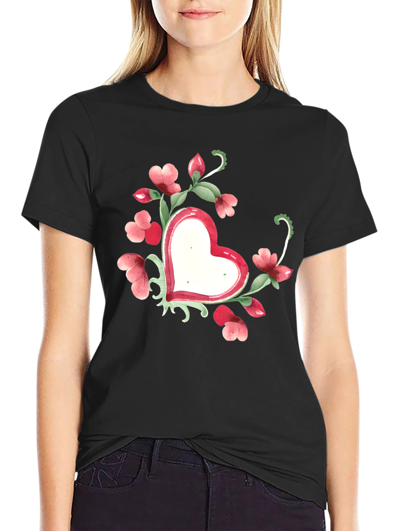 Floral Heart Graphic Tee - Black Unisex T-Shirt