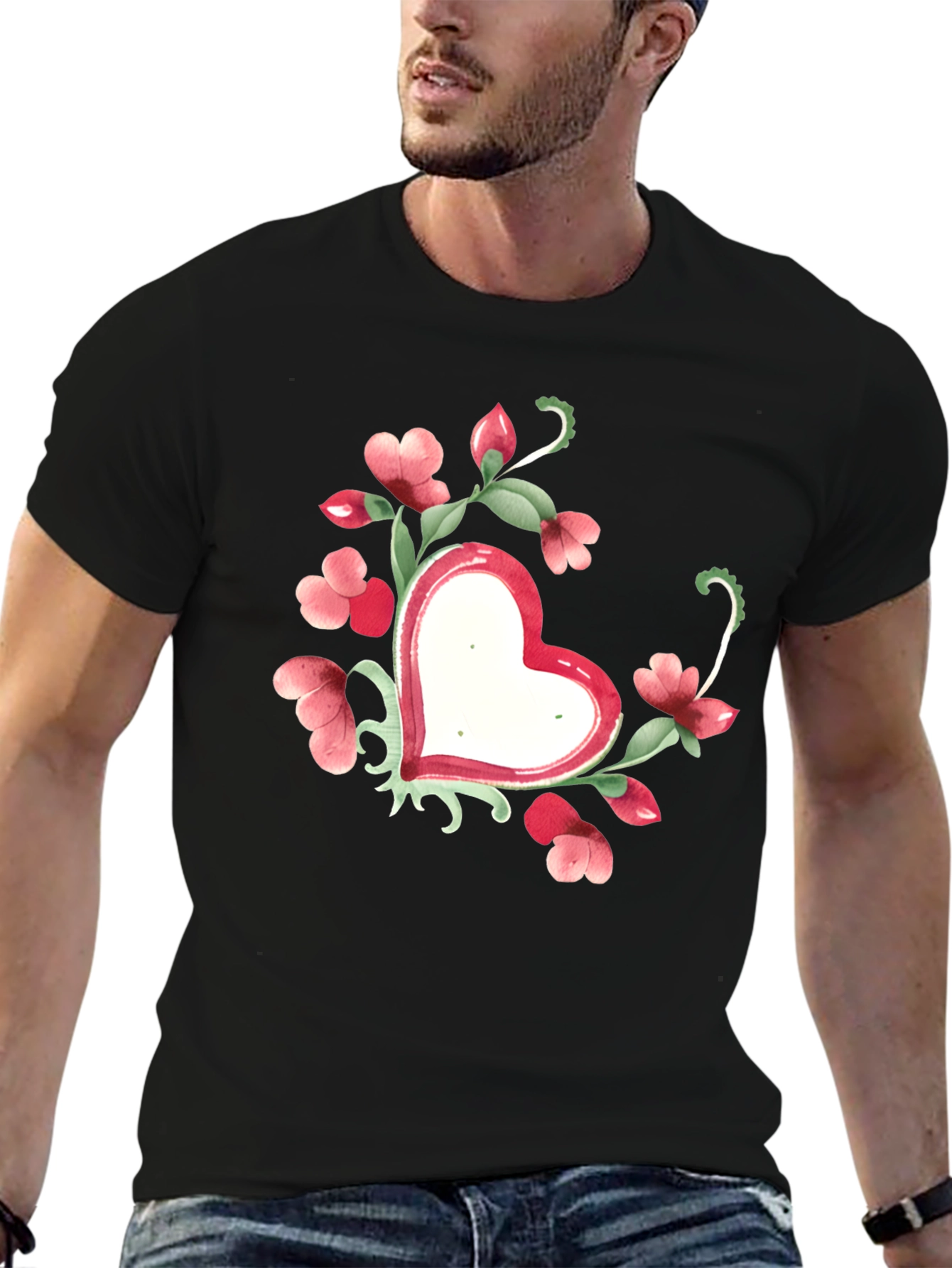 Floral Heart Graphic Tee - Black Unisex T-Shirt