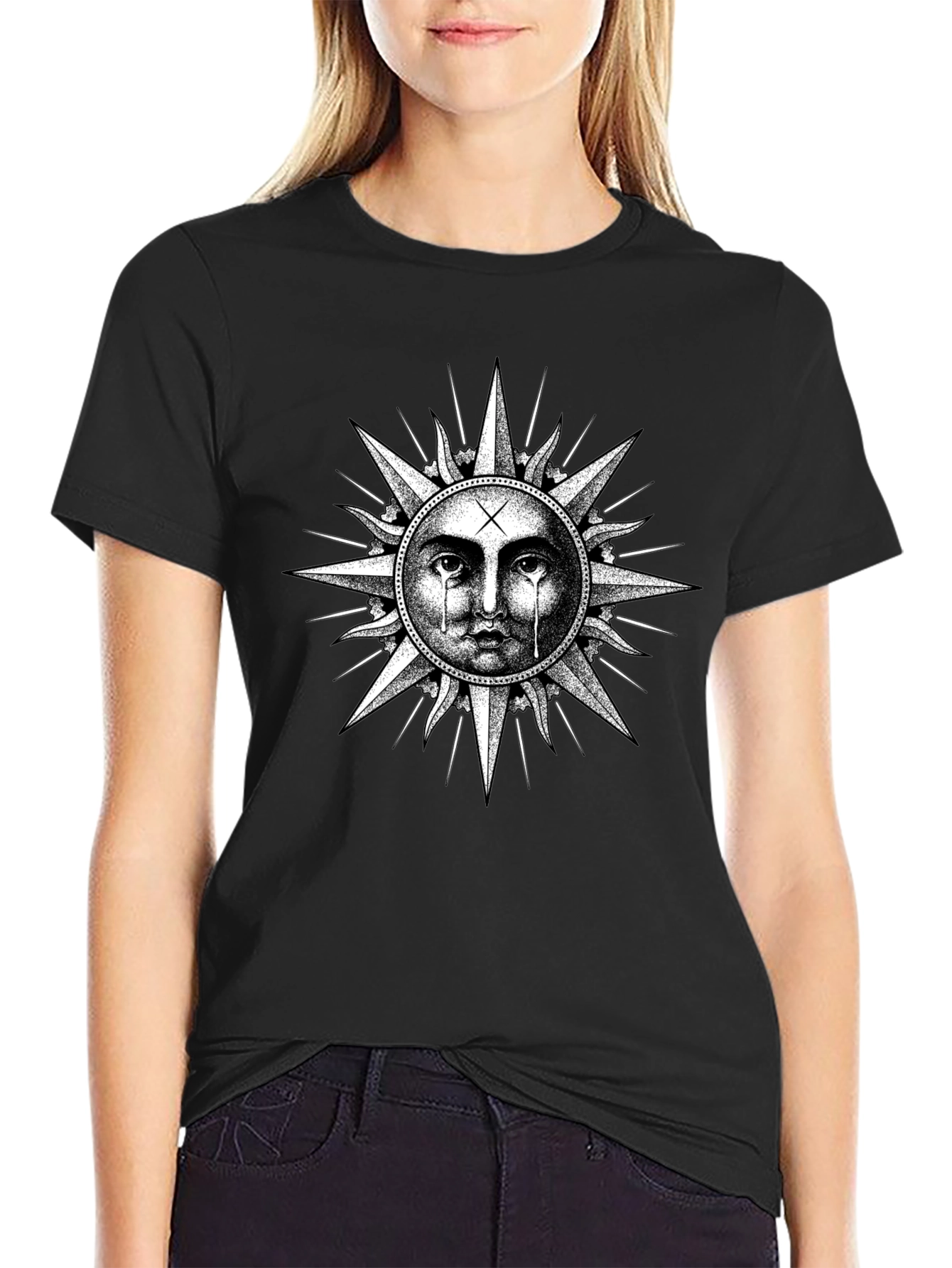 Crying Sun Graphic Tee - Black Cotton T-Shirt