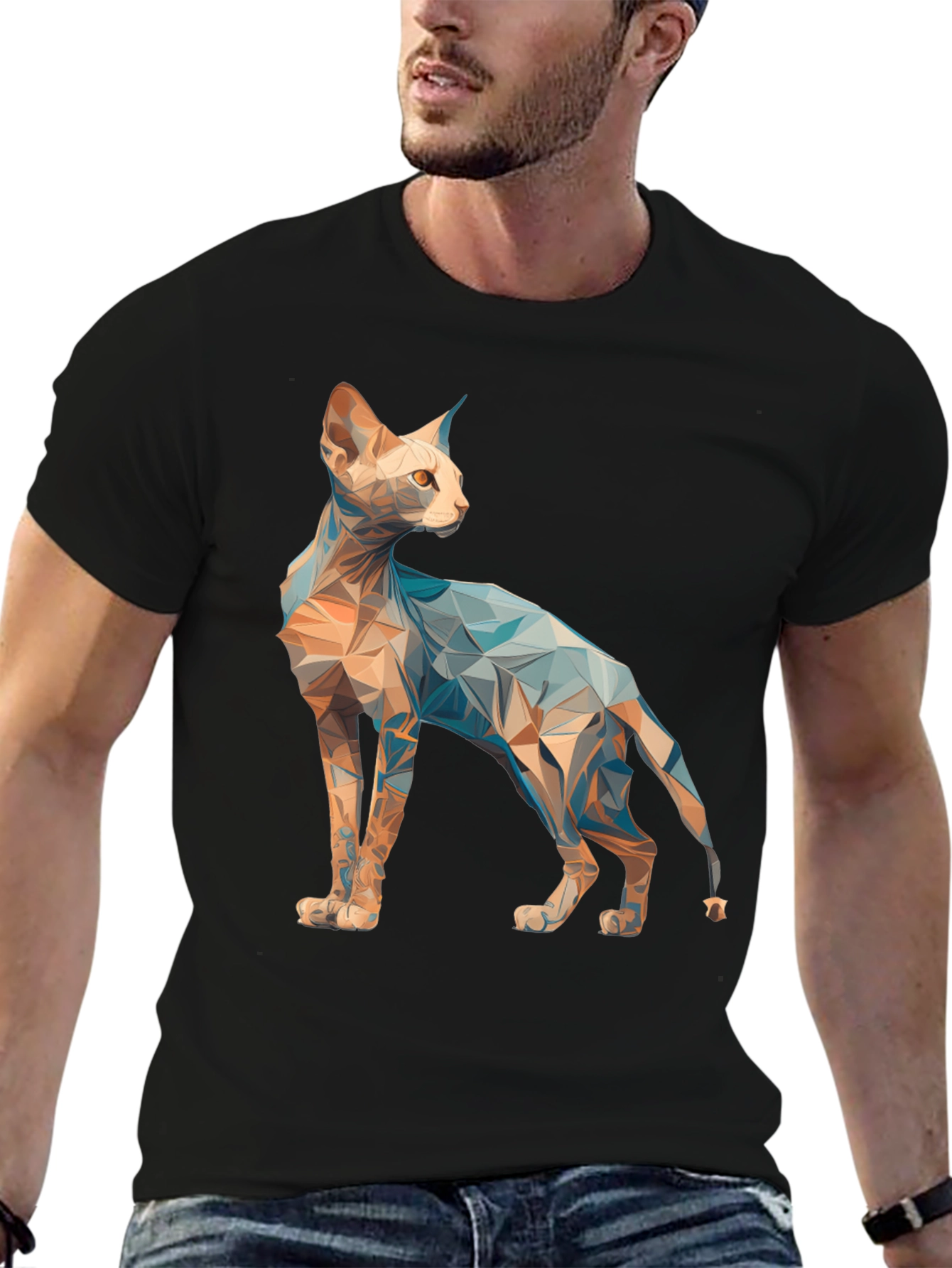 Geometric Cat Graphic Tee - Modern Style