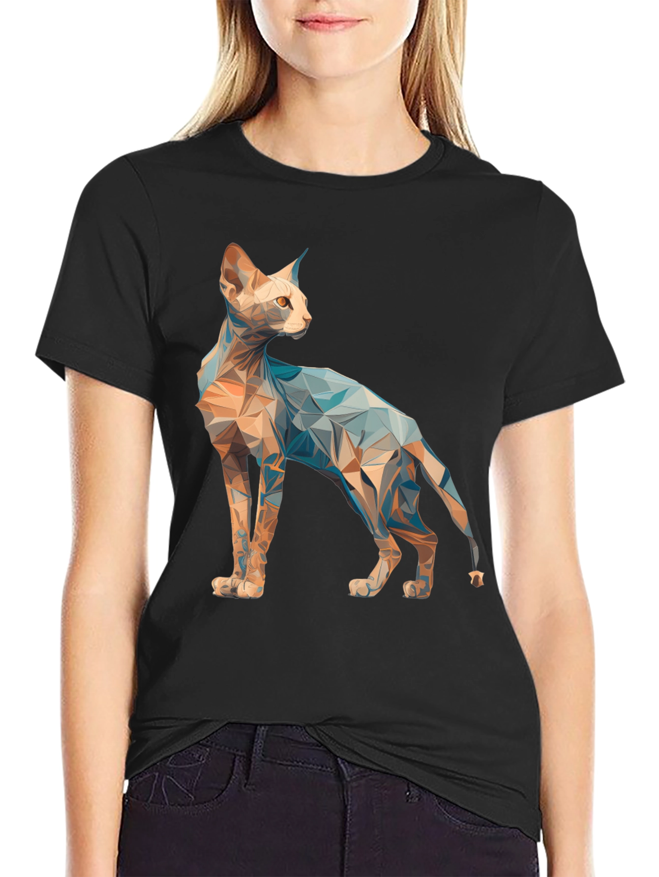 Geometric Cat Graphic Tee - Modern Style