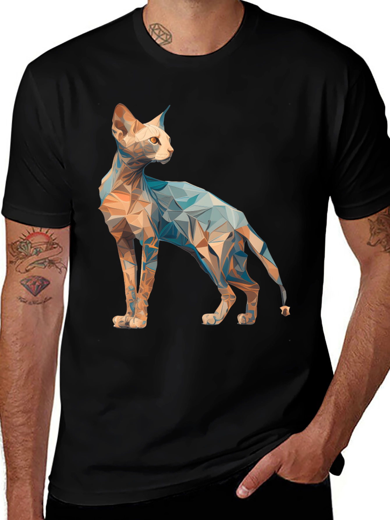 Geometric Cat Graphic Tee - Modern Style