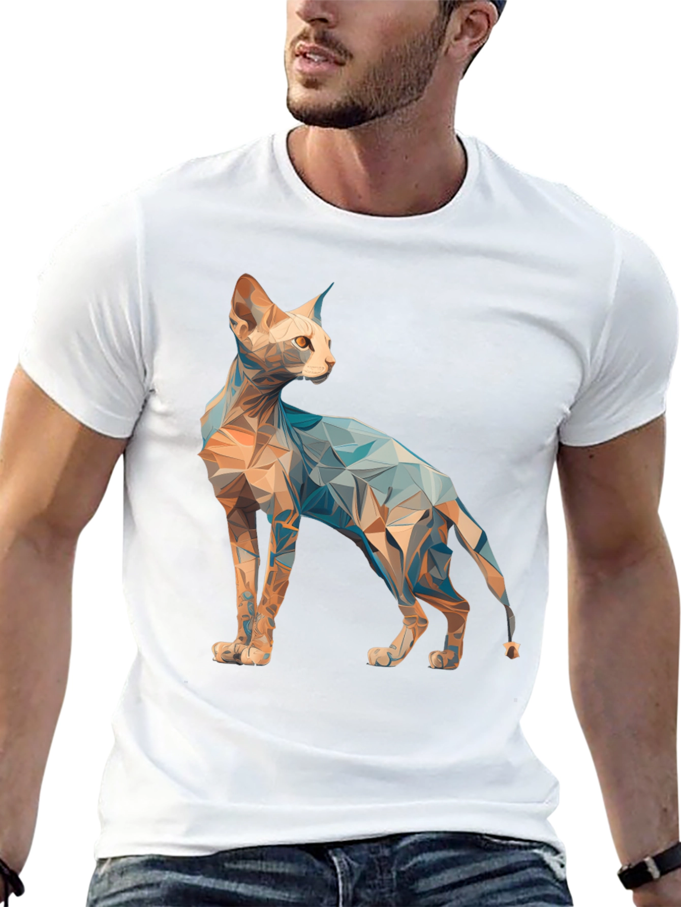Geometric Cat Graphic Tee - Modern Style