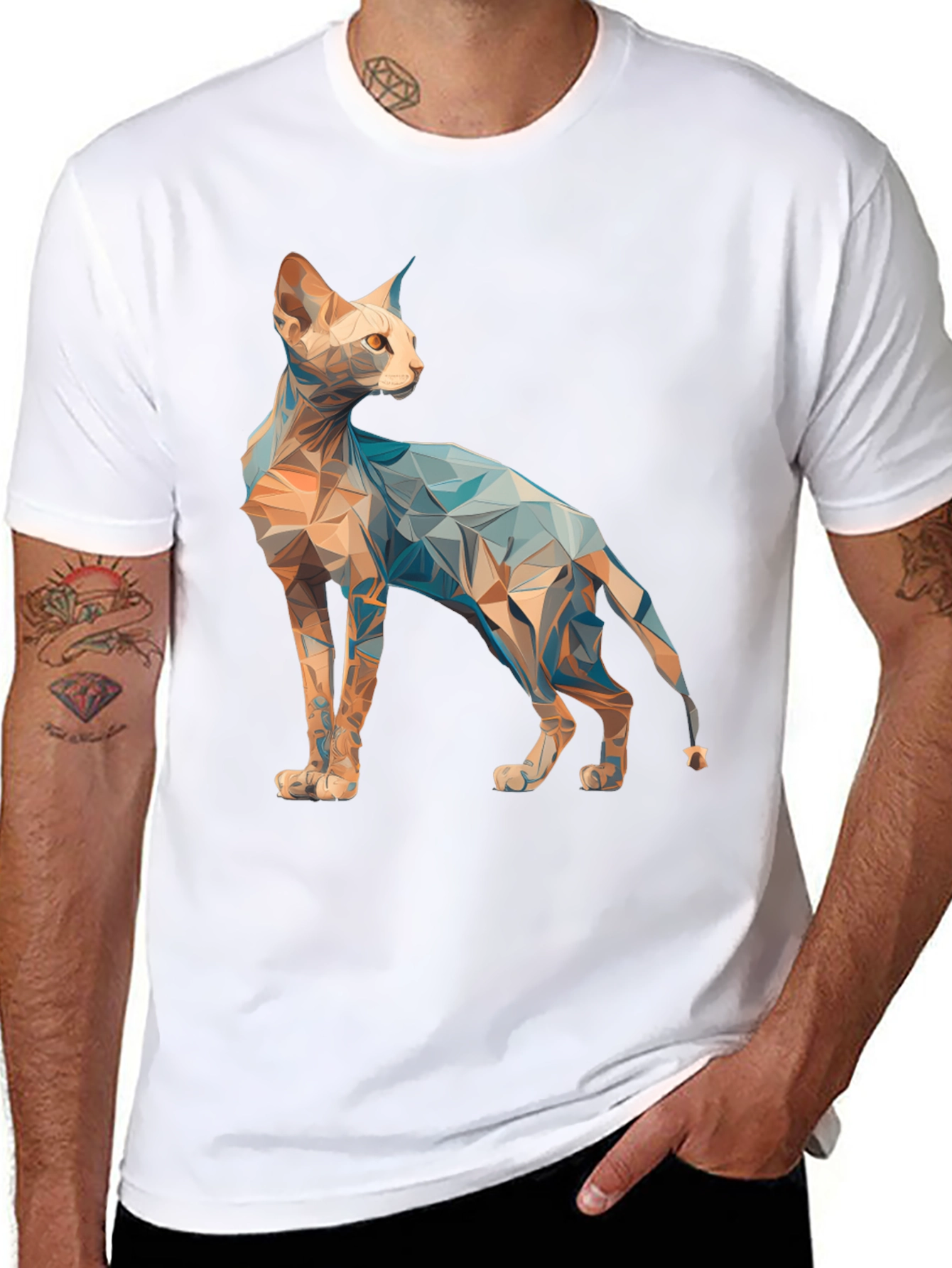 Geometric Cat Graphic Tee - Modern Style