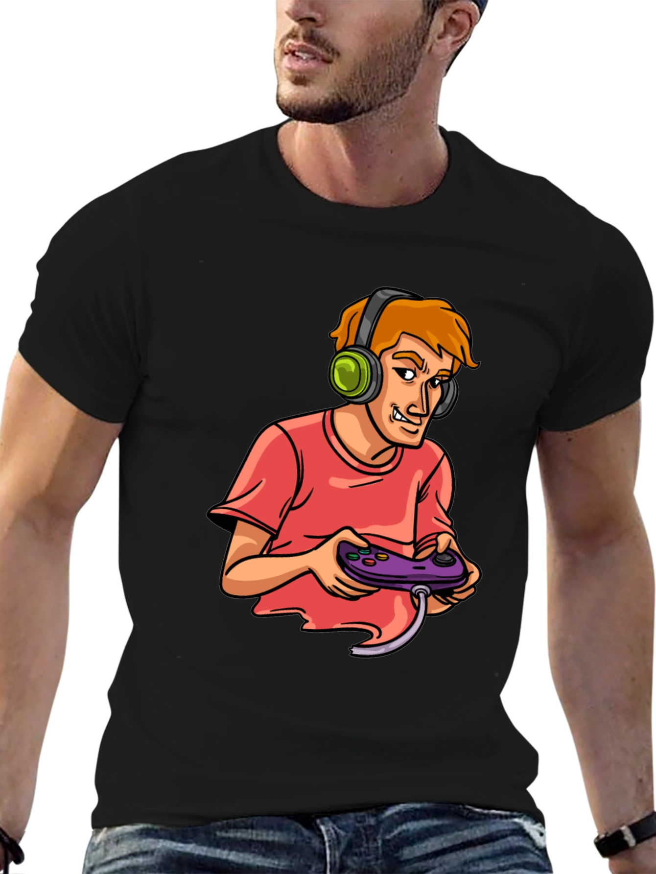 Gamer Cartoon Graphic Black T-Shirt