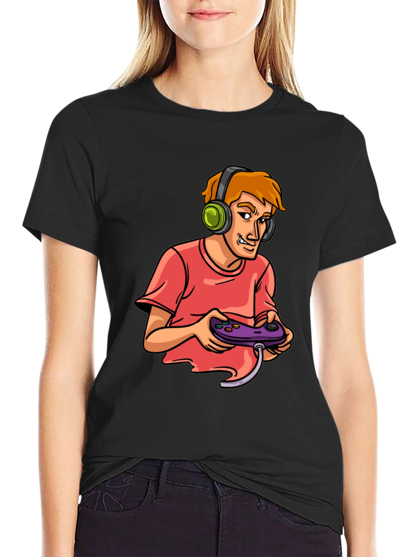 Gamer Cartoon Graphic Black T-Shirt