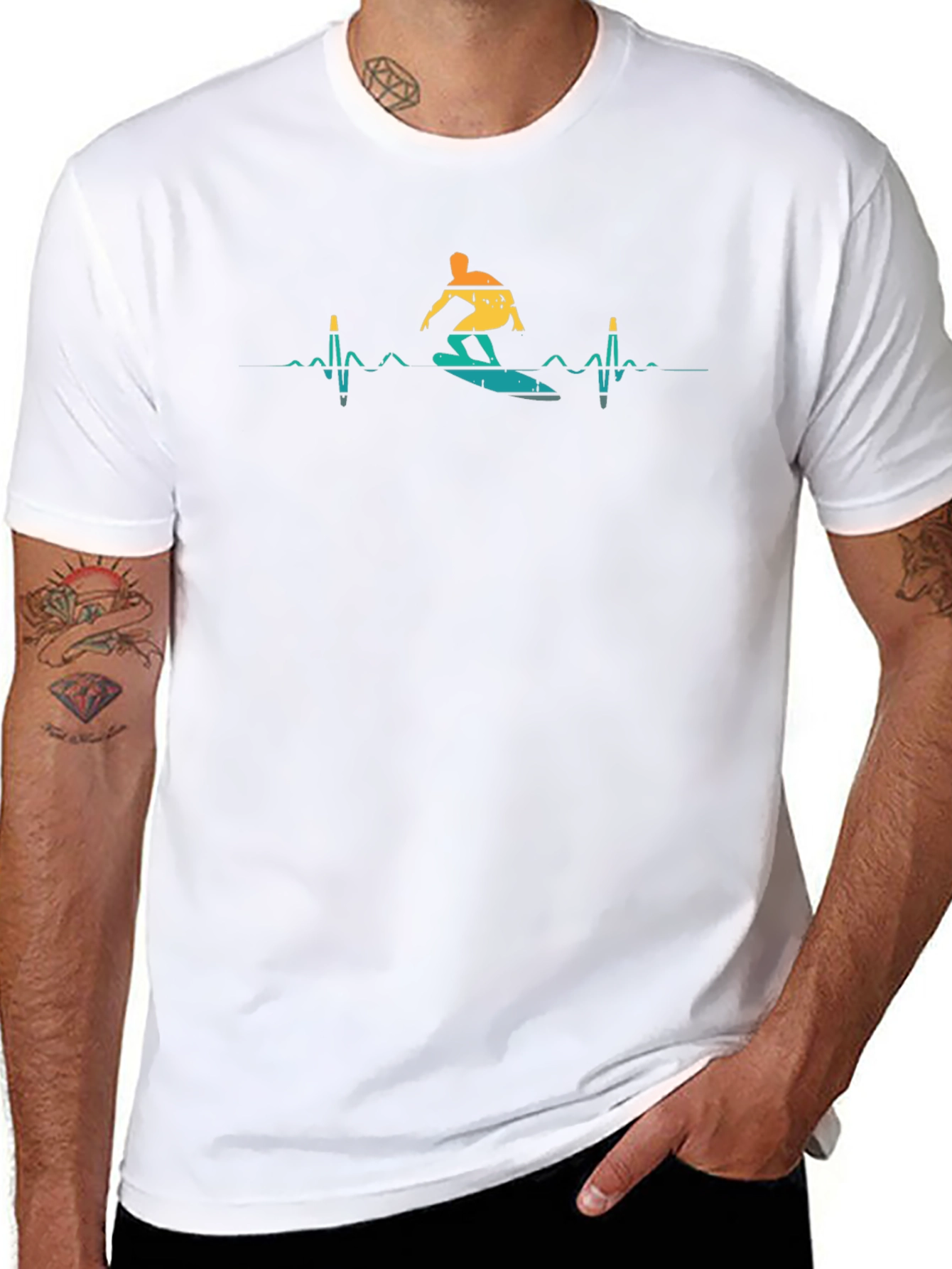 Surfer Heartbeat T-Shirt - Black Crew Neck Tee