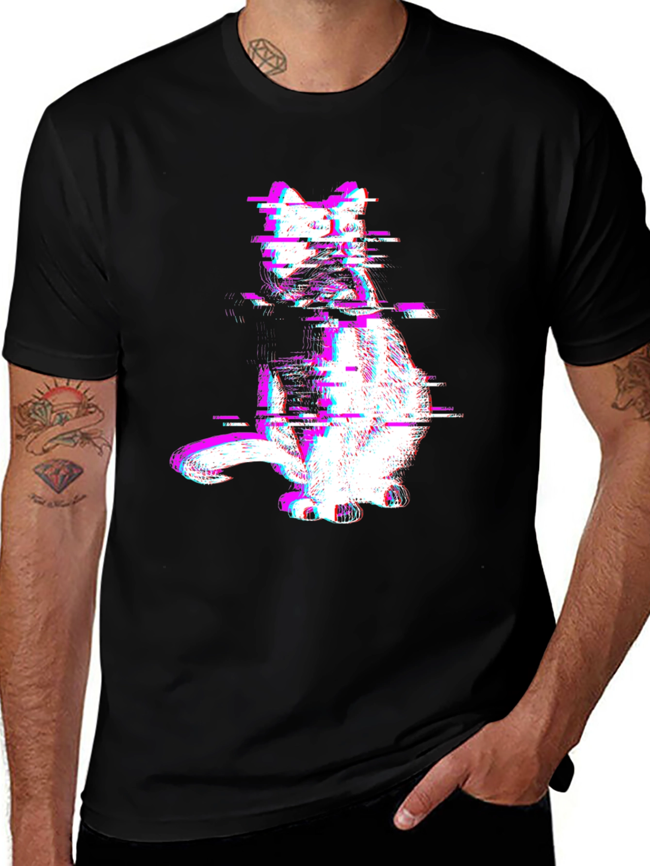 Glitch Cat Graphic Tee - Trendy Black T-Shirt
